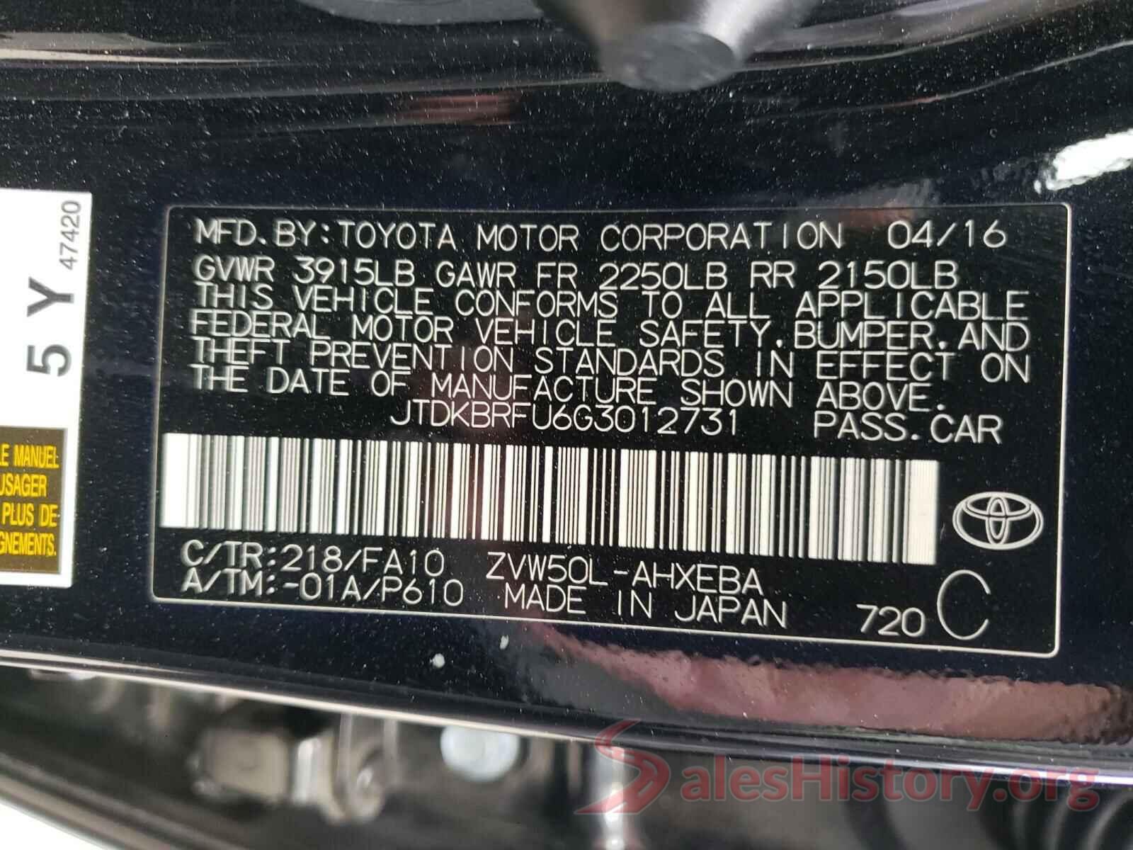 JTDKBRFU6G3012731 2016 TOYOTA PRIUS