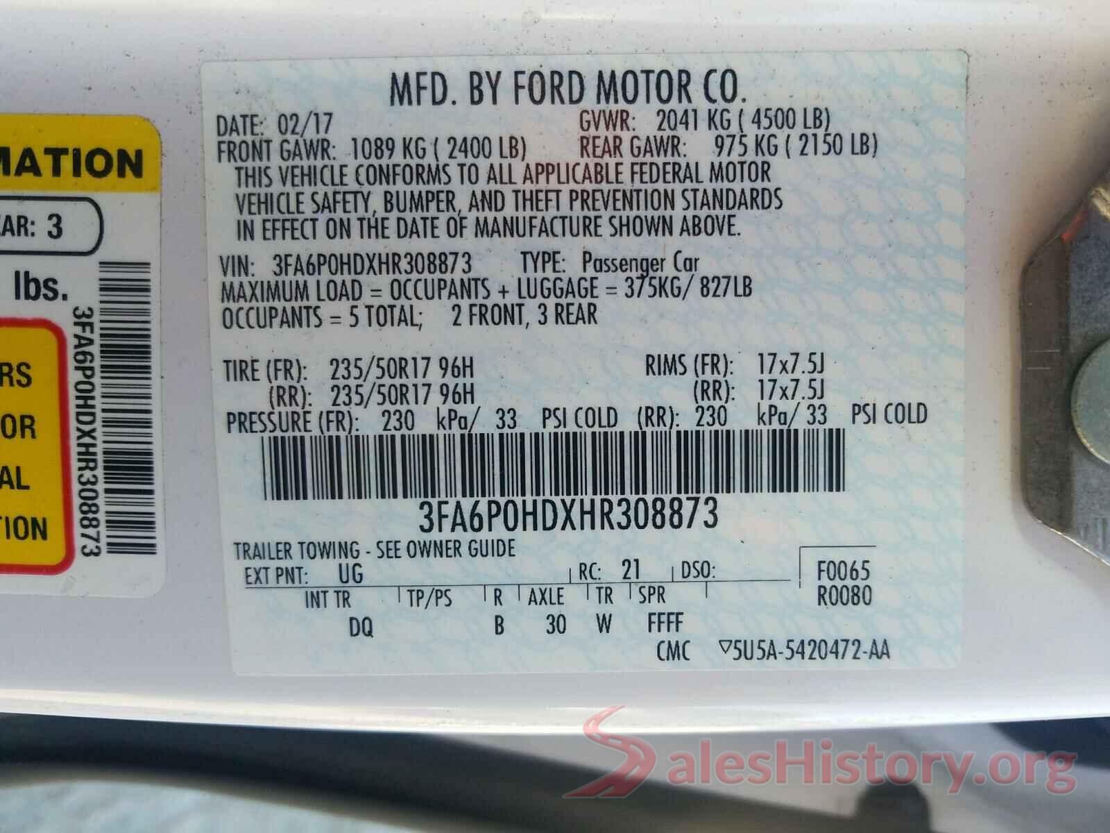 3FA6P0HDXHR308873 2017 FORD FUSION