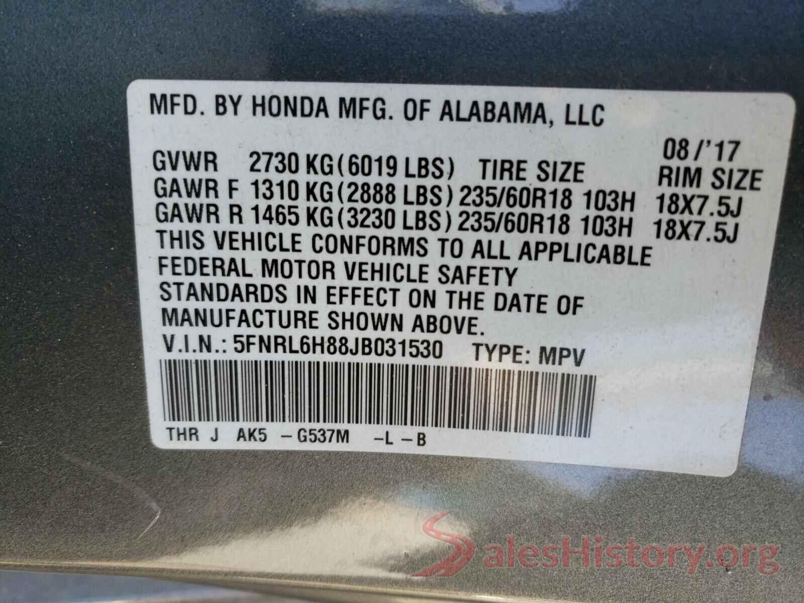 5FNRL6H88JB031530 2018 HONDA ODYSSEY