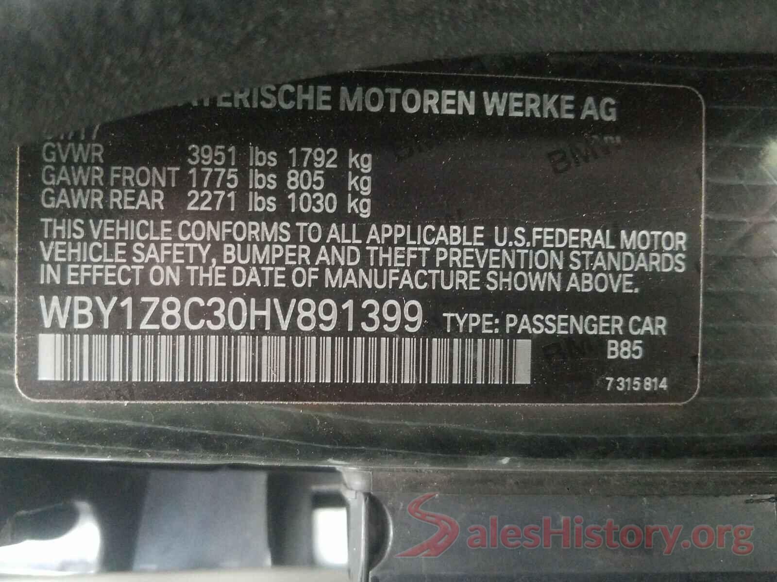 WBY1Z8C30HV891399 2017 BMW I SERIES