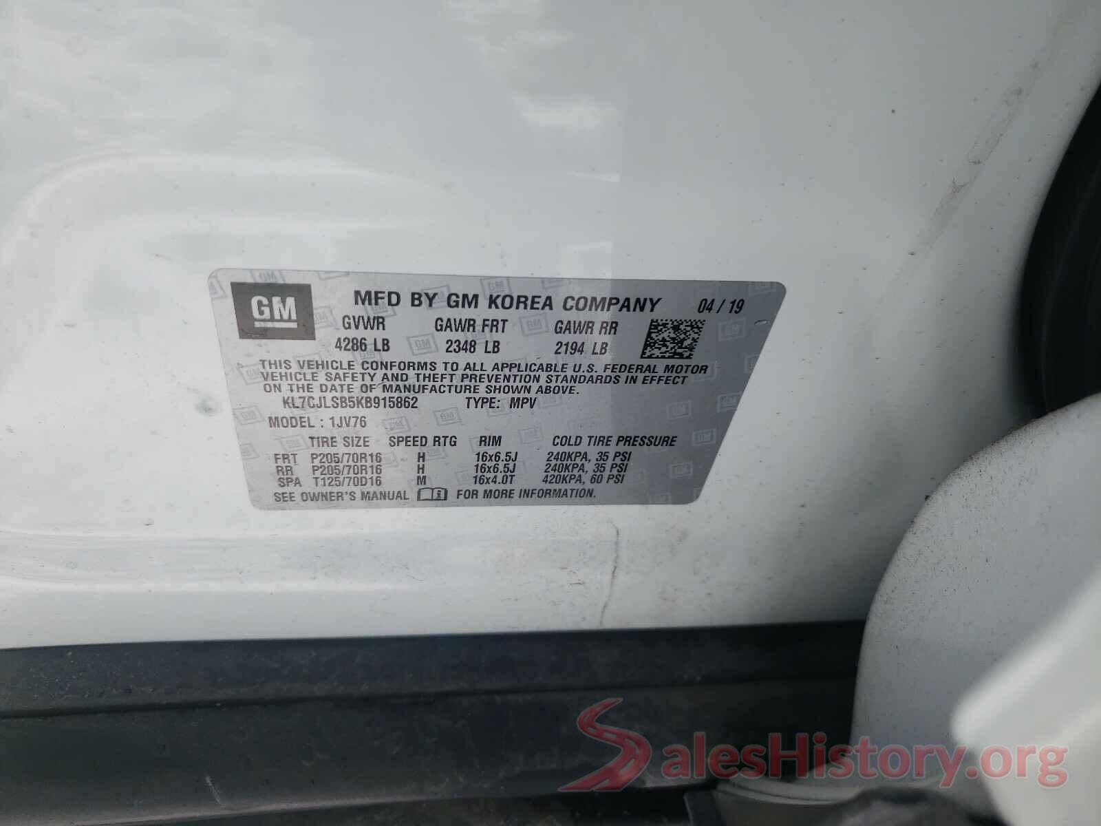 KL7CJLSB5KB915862 2019 CHEVROLET TRAX