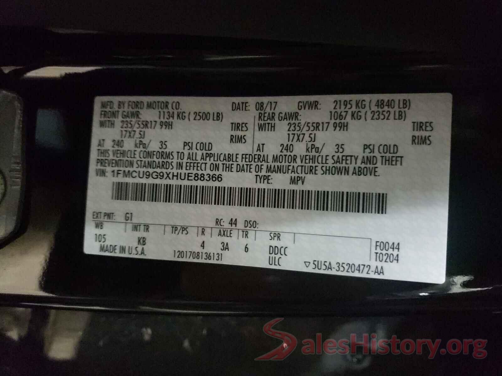 1FMCU9G9XHUE88366 2017 FORD ESCAPE