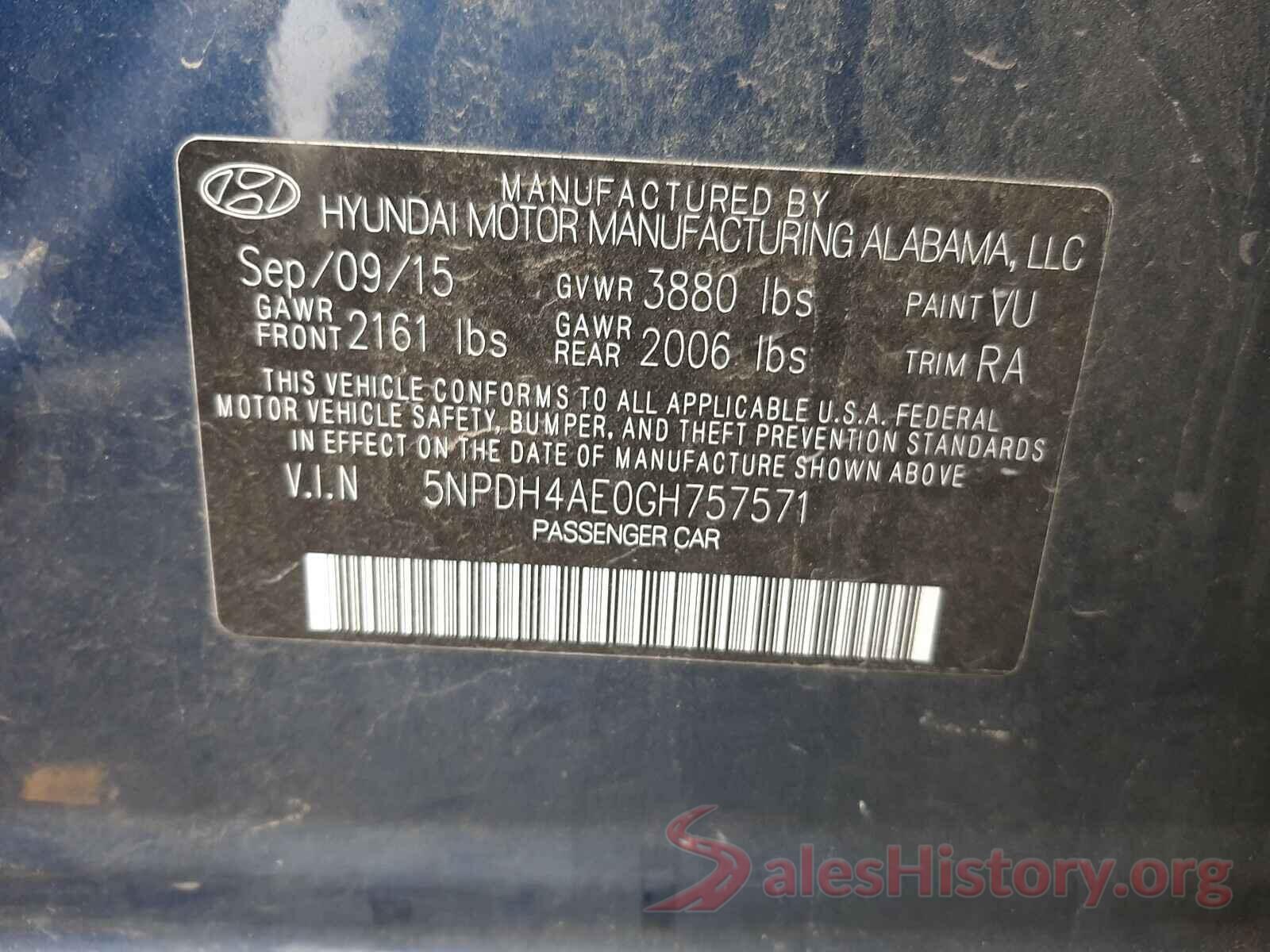 5NPDH4AE0GH757571 2016 HYUNDAI ELANTRA