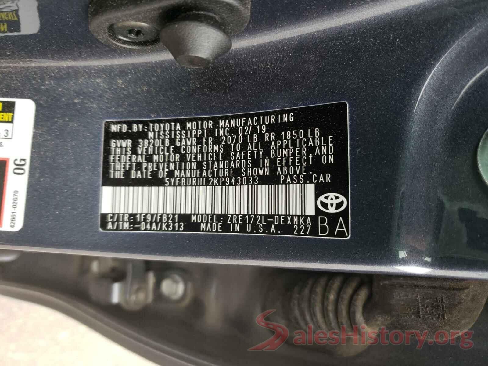 5YFBURHE2KP943033 2019 TOYOTA COROLLA