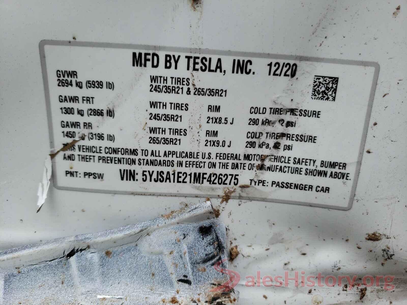 5YJSA1E21MF426275 2021 TESLA MODEL S