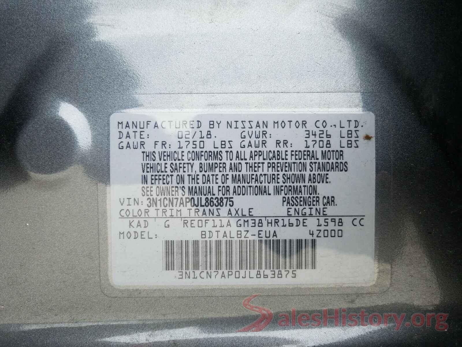 3N1CN7AP0JL863875 2018 NISSAN VERSA