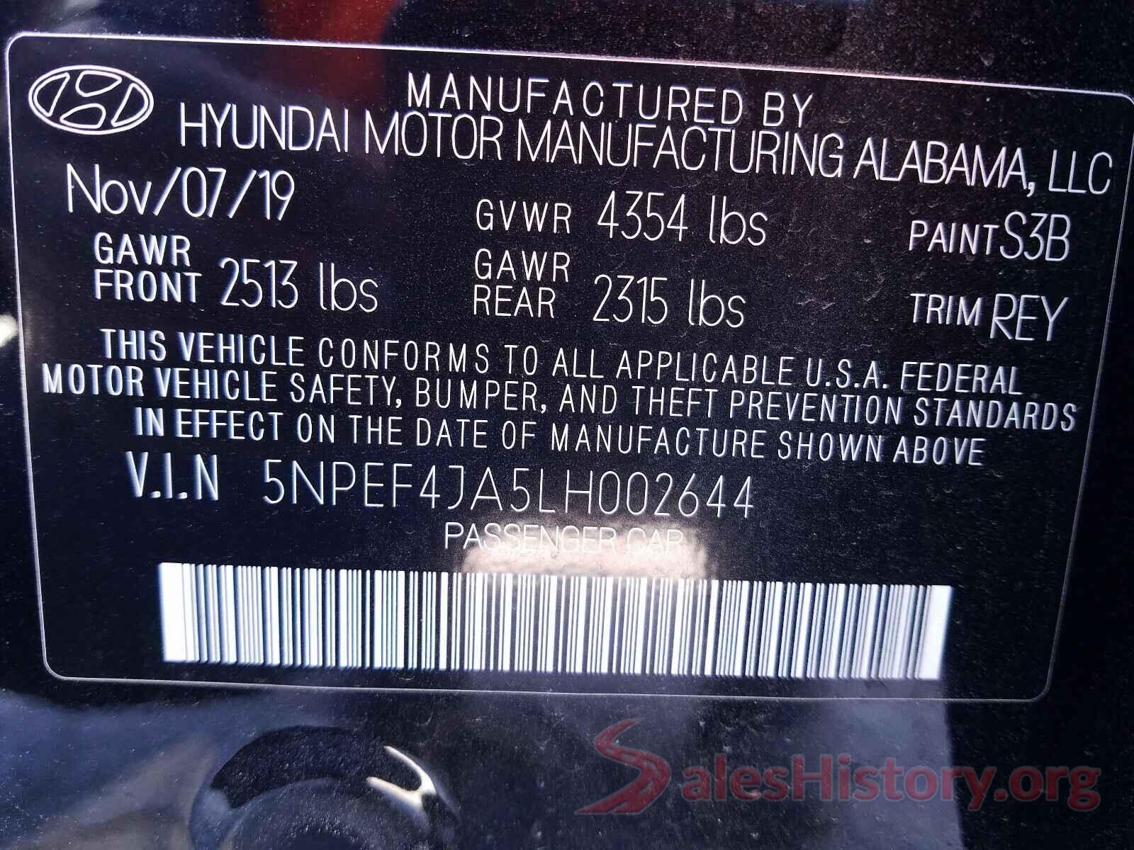 5NPEF4JA5LH002644 2020 HYUNDAI SONATA