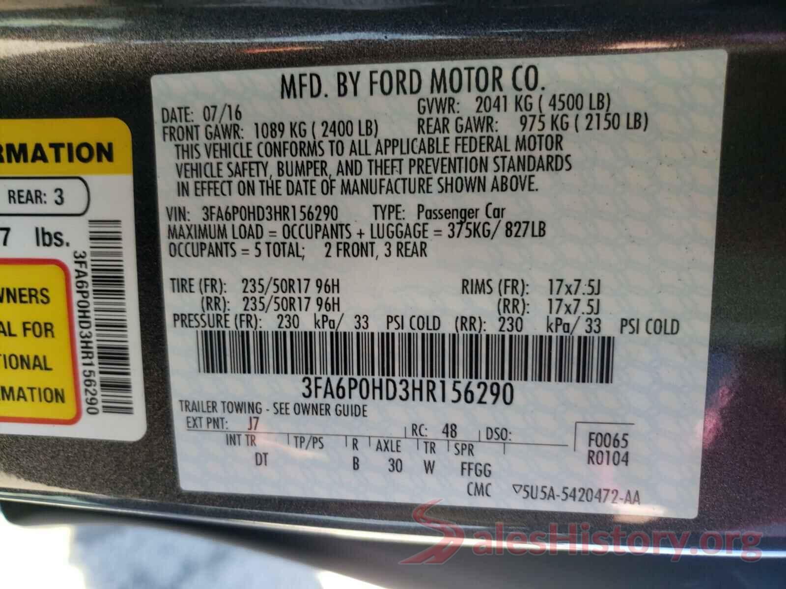 3FA6P0HD3HR156290 2017 FORD FUSION