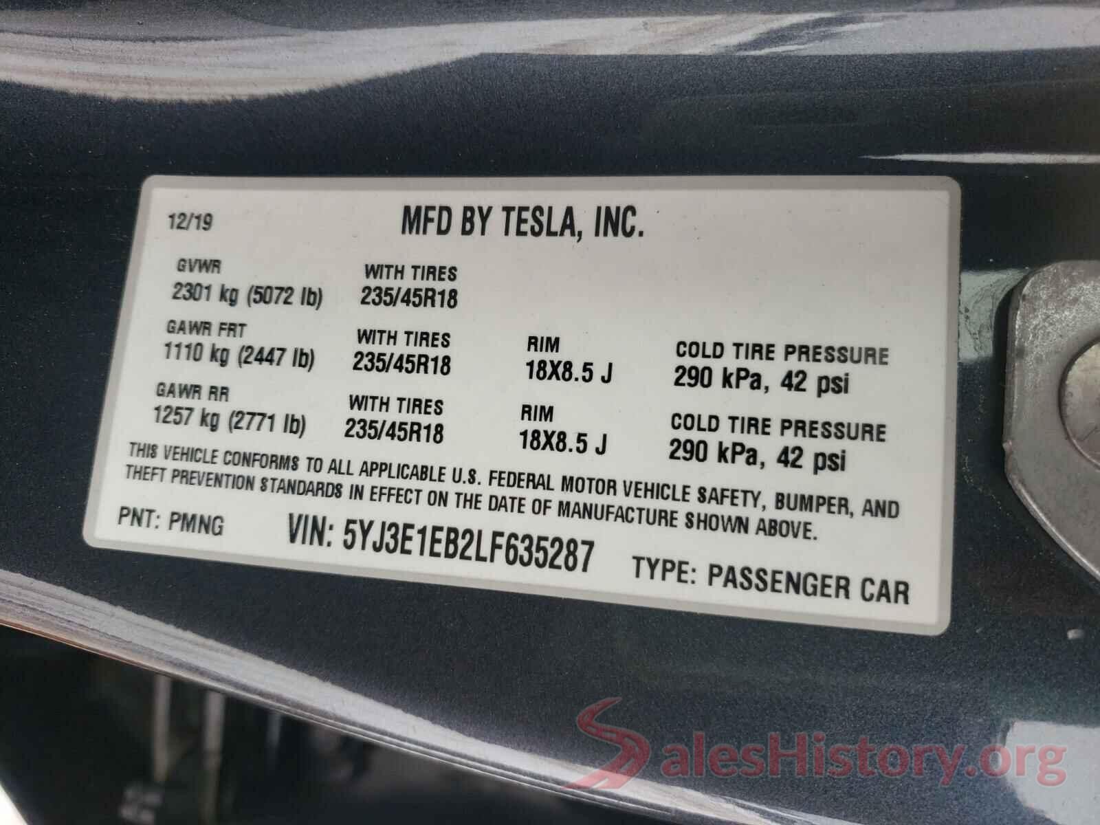 5YJ3E1EB2LF635287 2020 TESLA MODEL 3