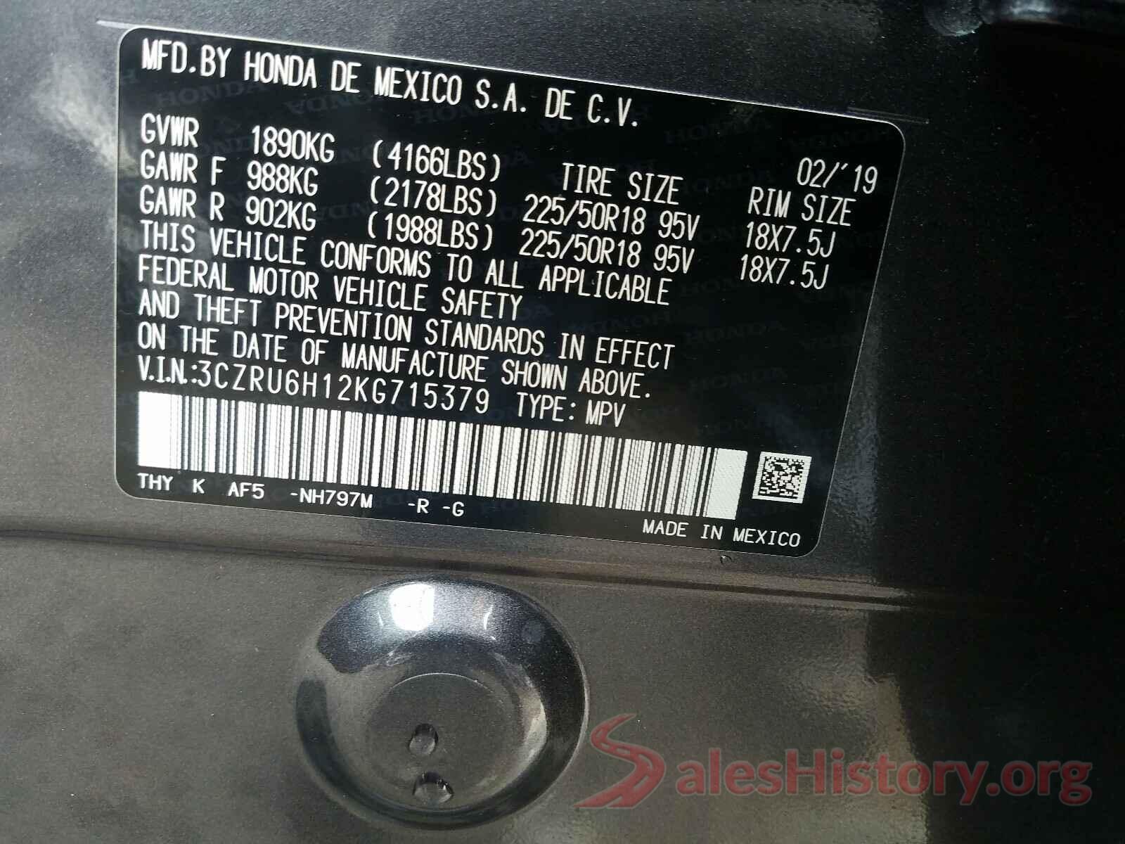 3CZRU6H12KG715379 2019 HONDA HR-V