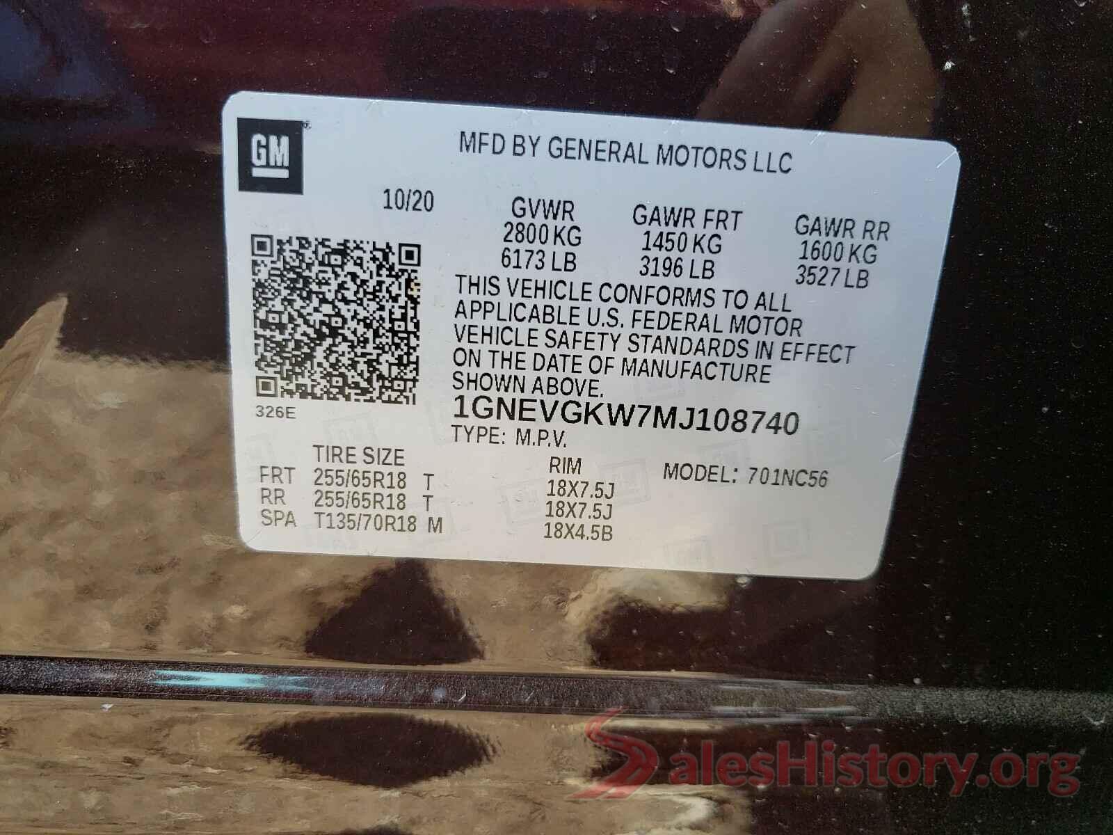 1GNEVGKW7MJ108740 2021 CHEVROLET TRAVERSE