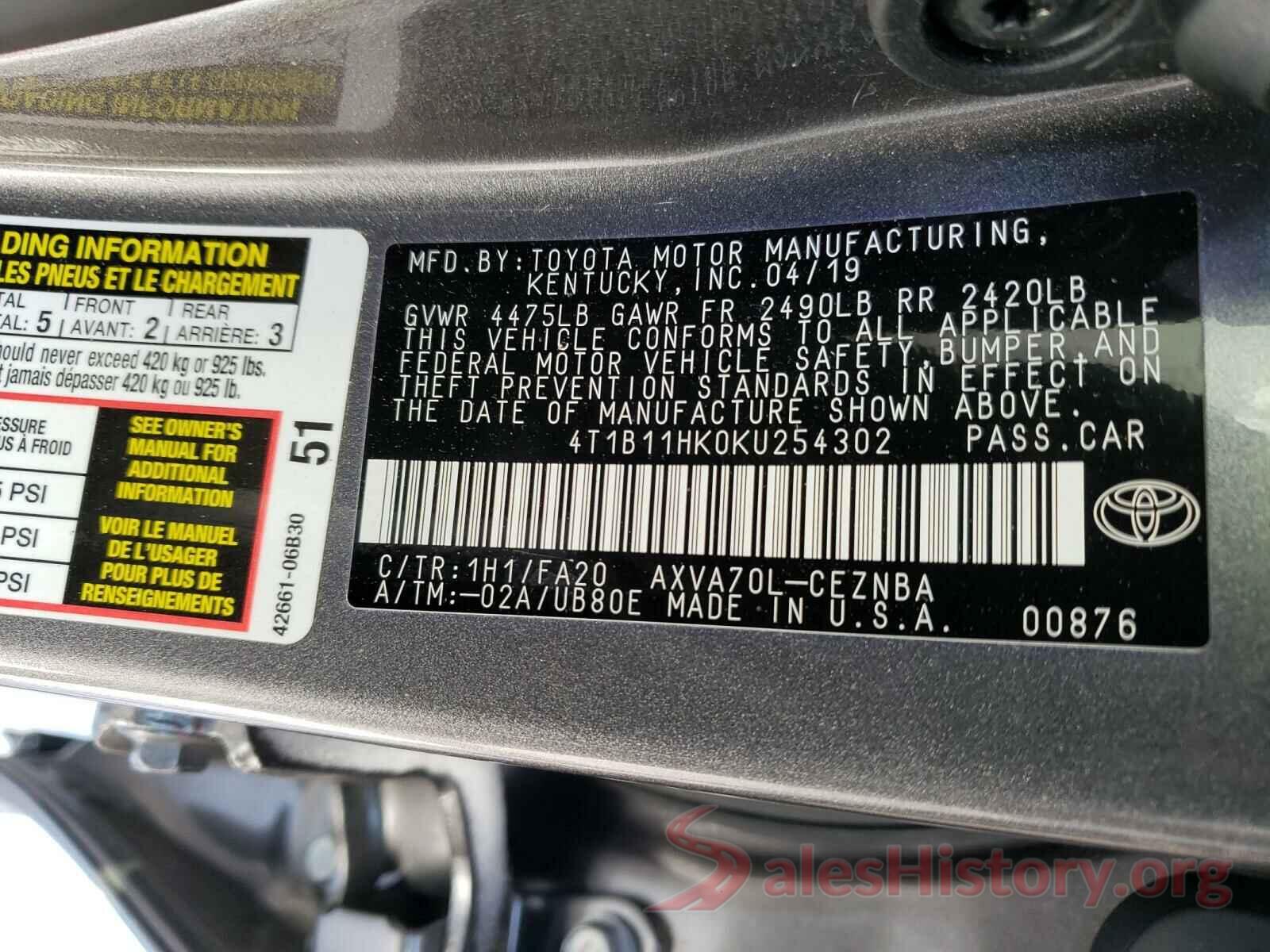 4T1B11HK0KU254302 2019 TOYOTA CAMRY