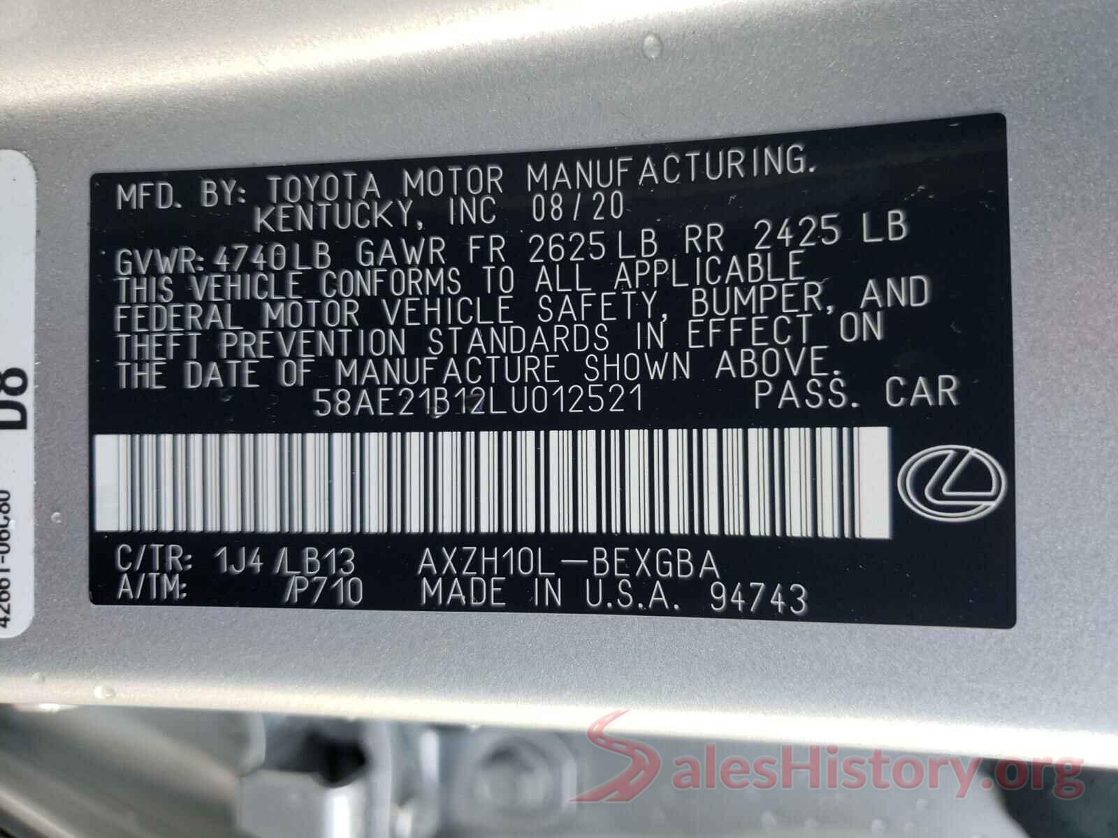 58AE21B12LU012521 2020 LEXUS ES300