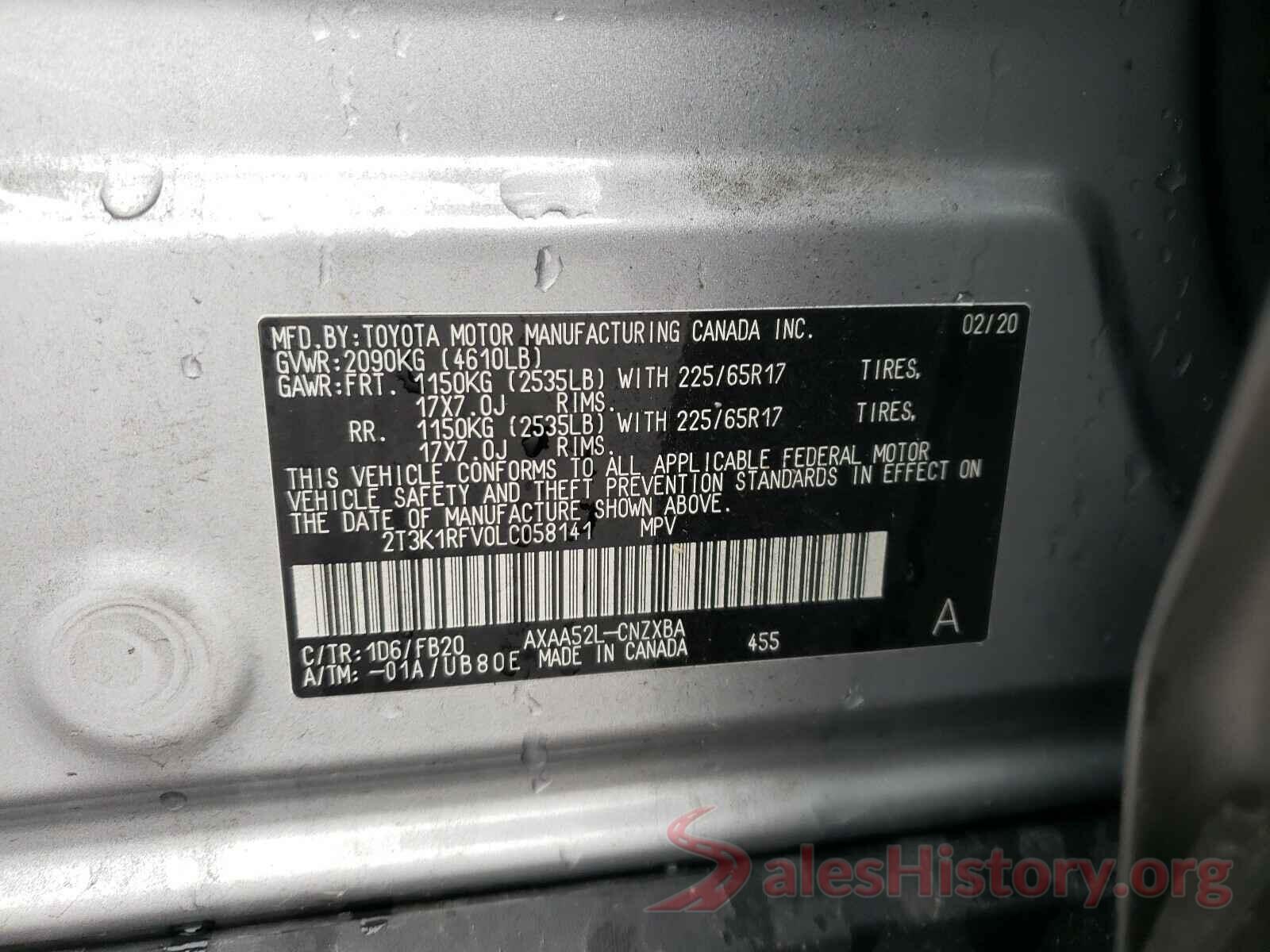 2T3K1RFV0LC058141 2020 TOYOTA RAV4