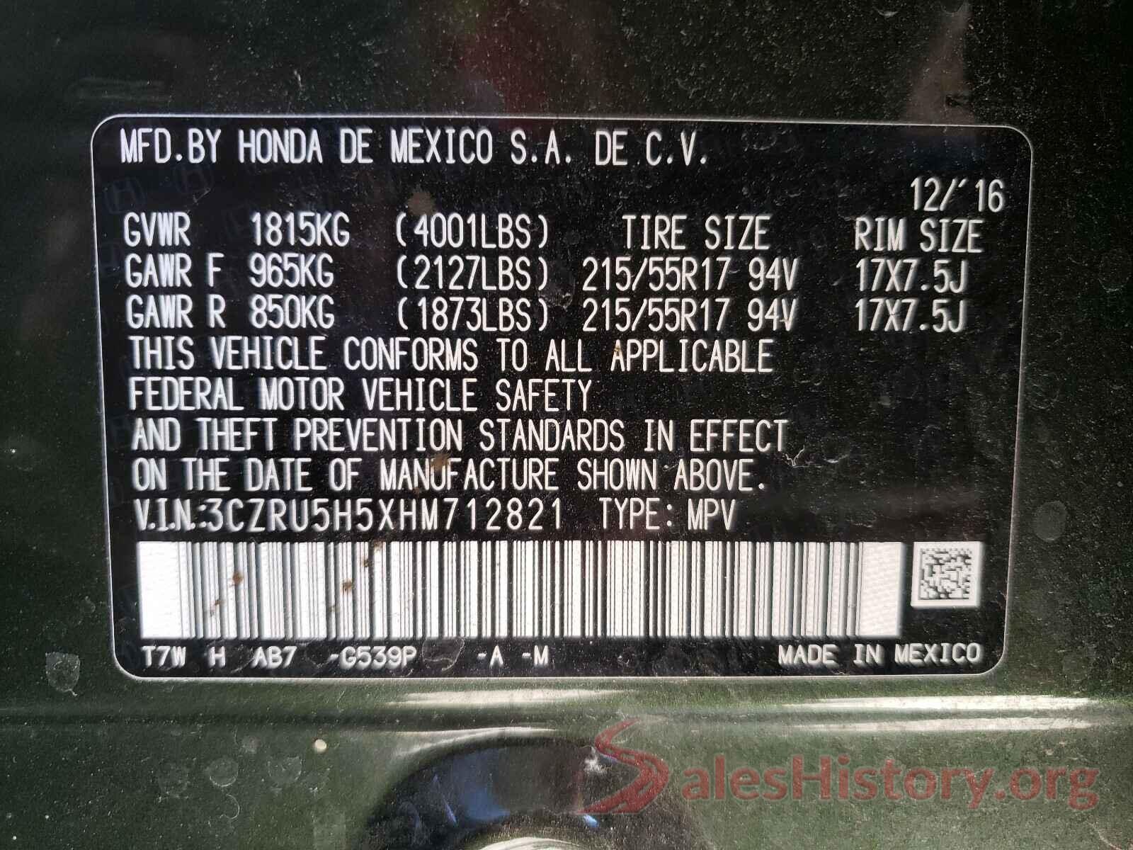 3CZRU5H5XHM712821 2017 HONDA HR-V