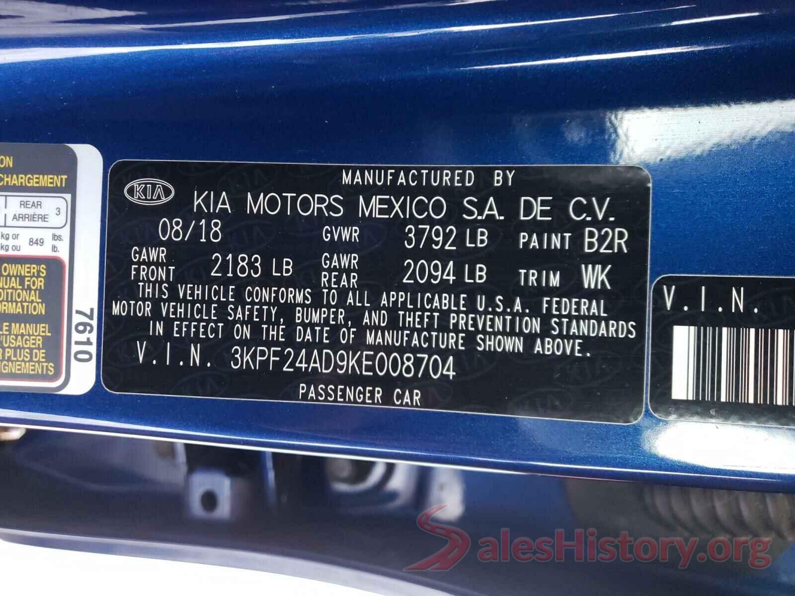 3KPF24AD9KE008704 2019 KIA FORTE