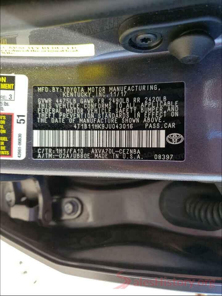 4T1B11HK9JU043016 2018 TOYOTA CAMRY