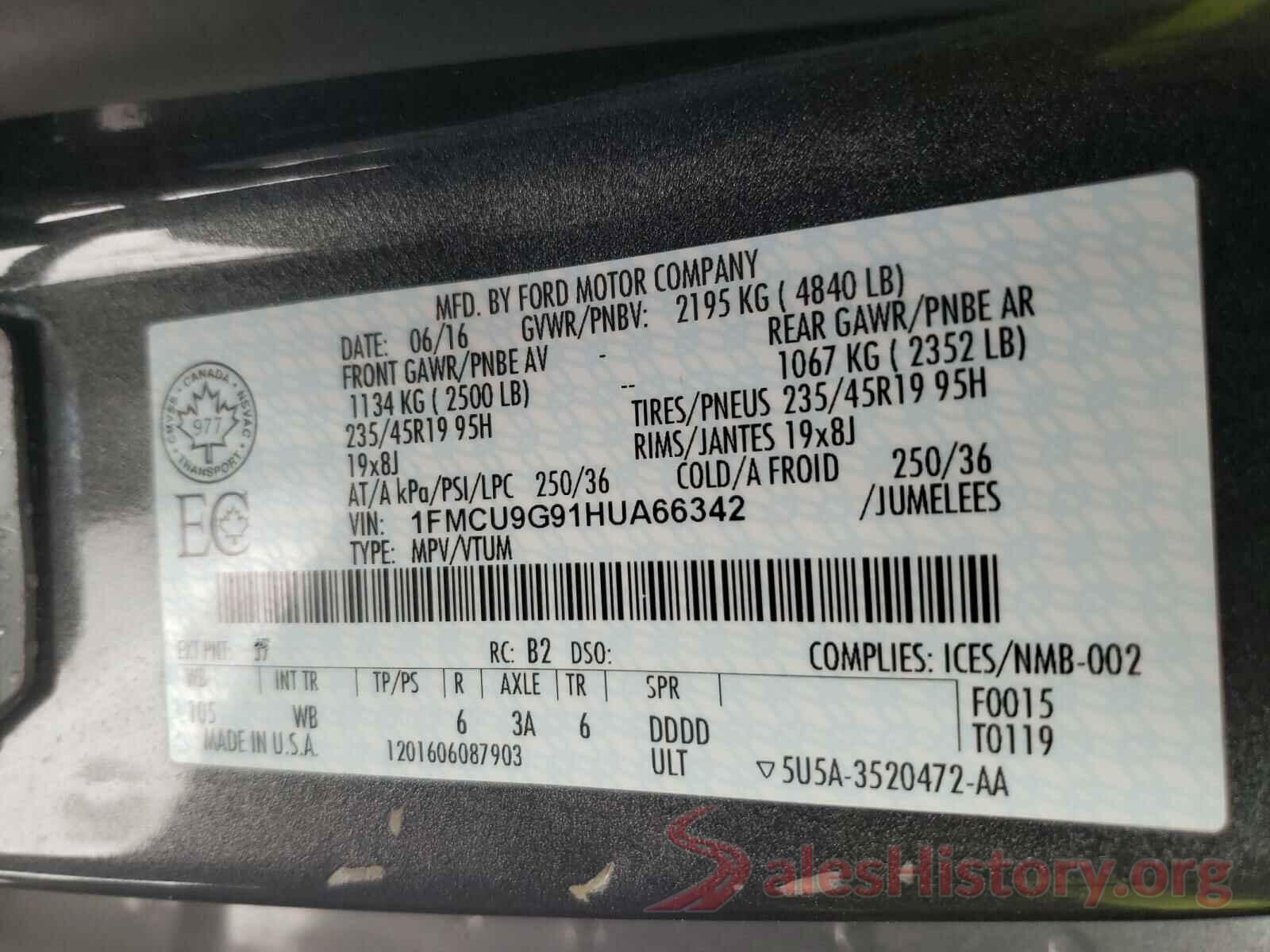 1FMCU9G91HUA66342 2017 FORD ESCAPE