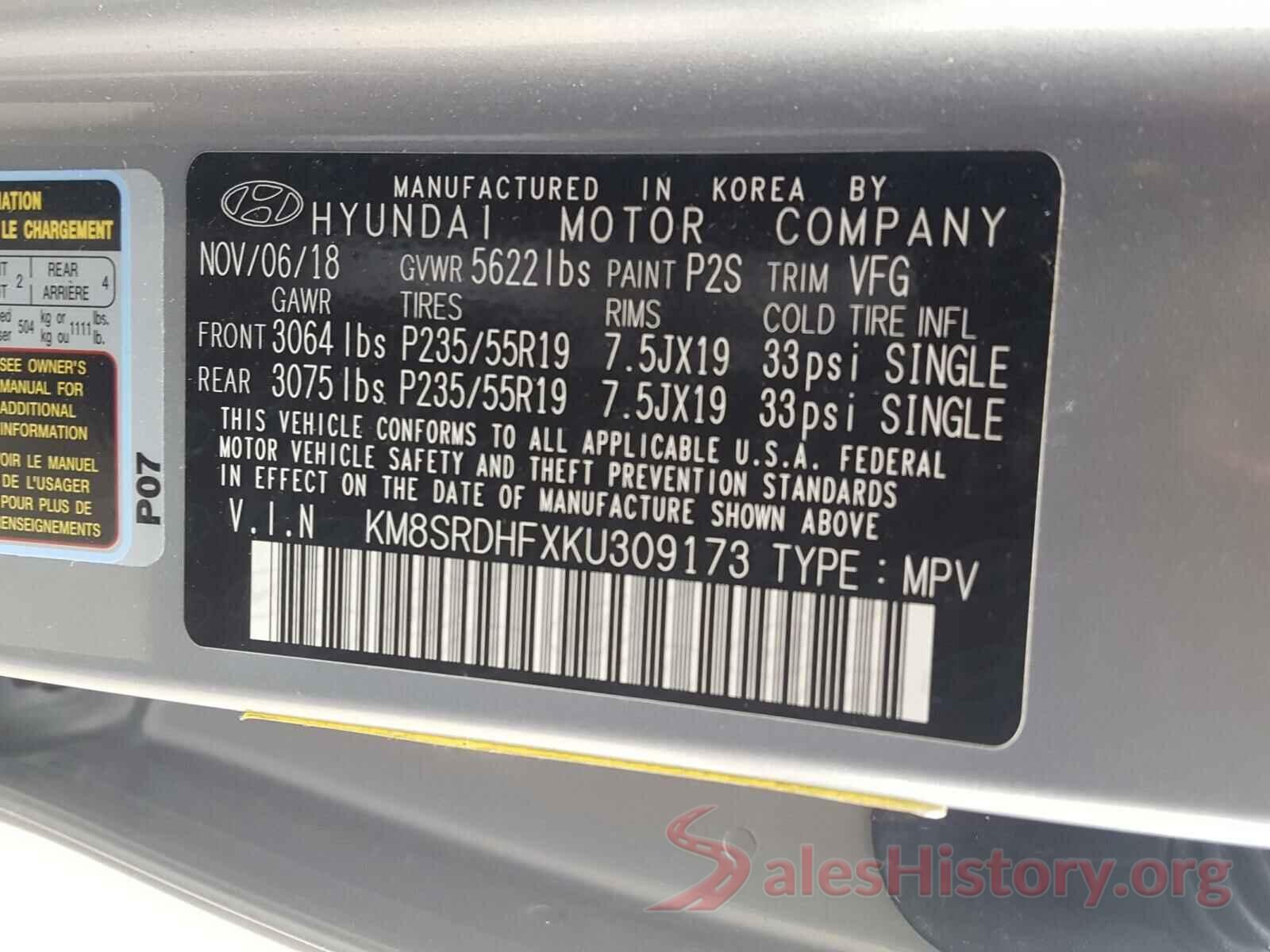 KM8SRDHFXKU309173 2019 HYUNDAI SANTA FE