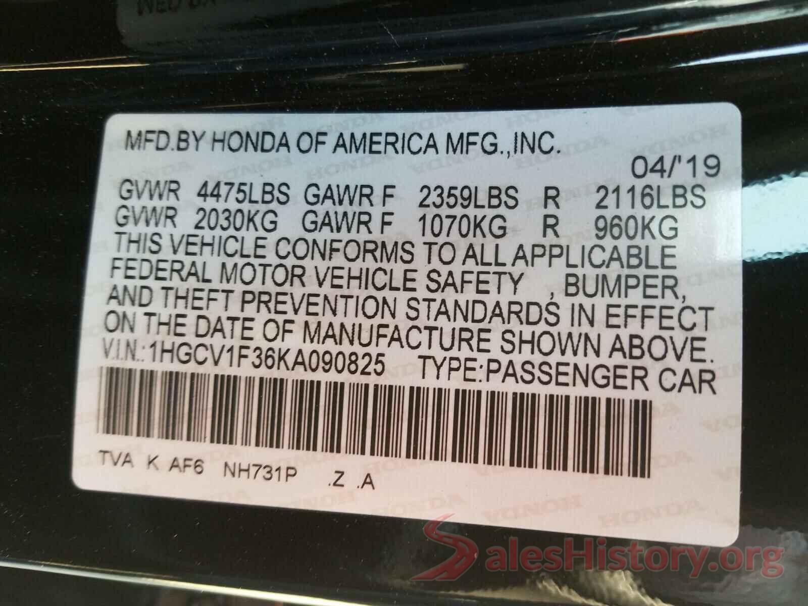 1HGCV1F36KA090825 2019 HONDA ACCORD