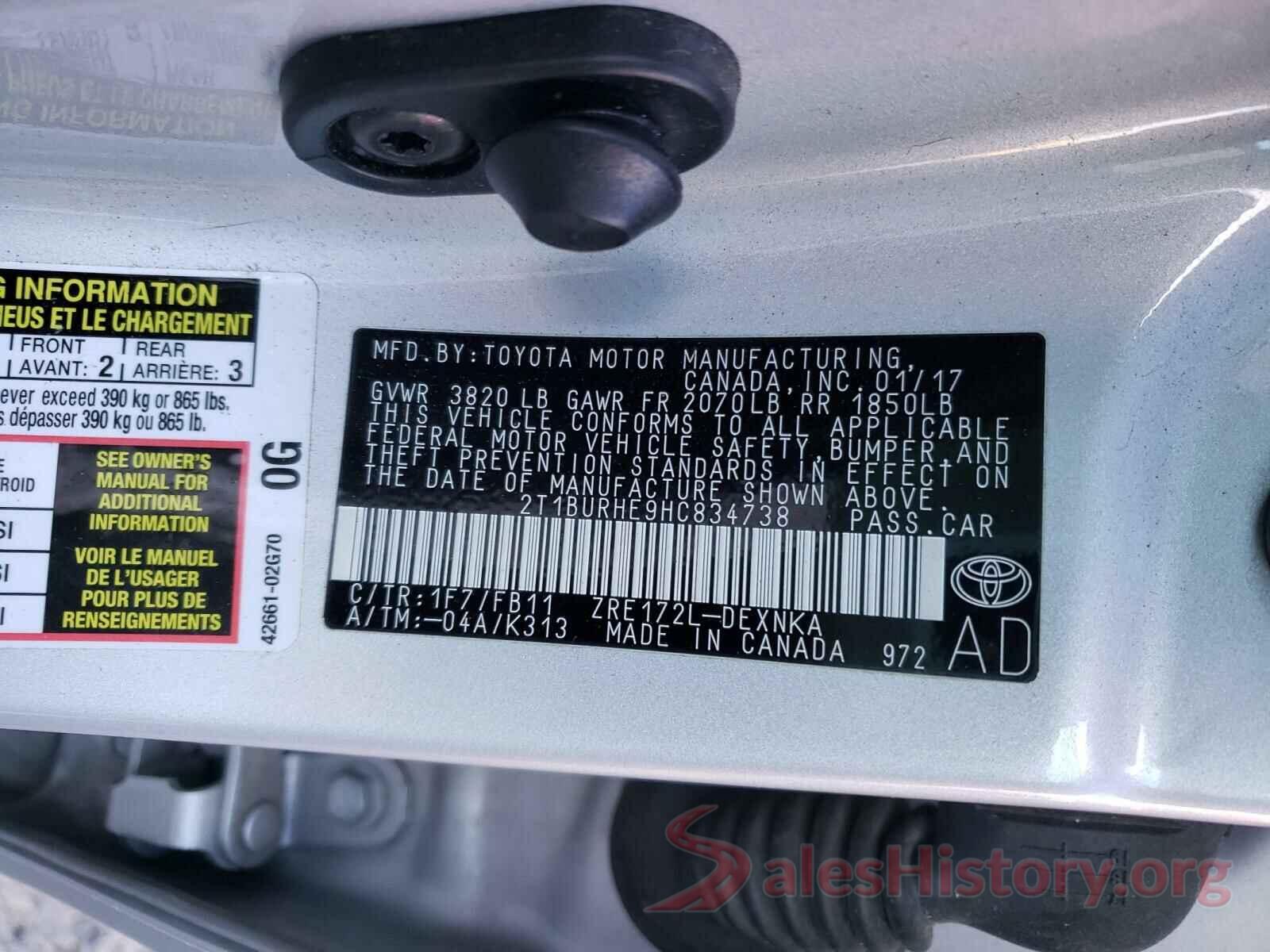 2T1BURHE9HC834738 2017 TOYOTA COROLLA