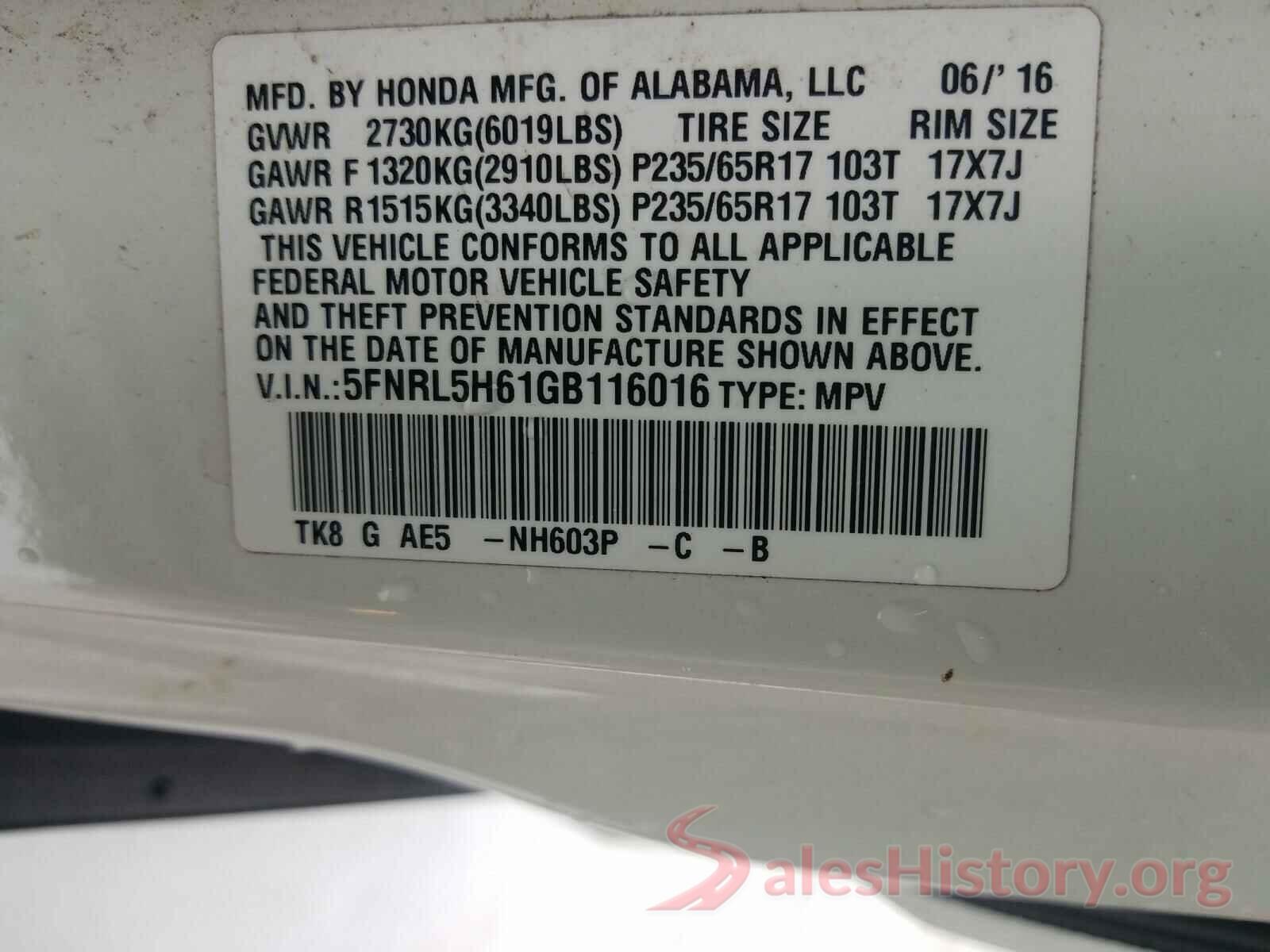 5FNRL5H61GB116016 2016 HONDA ODYSSEY