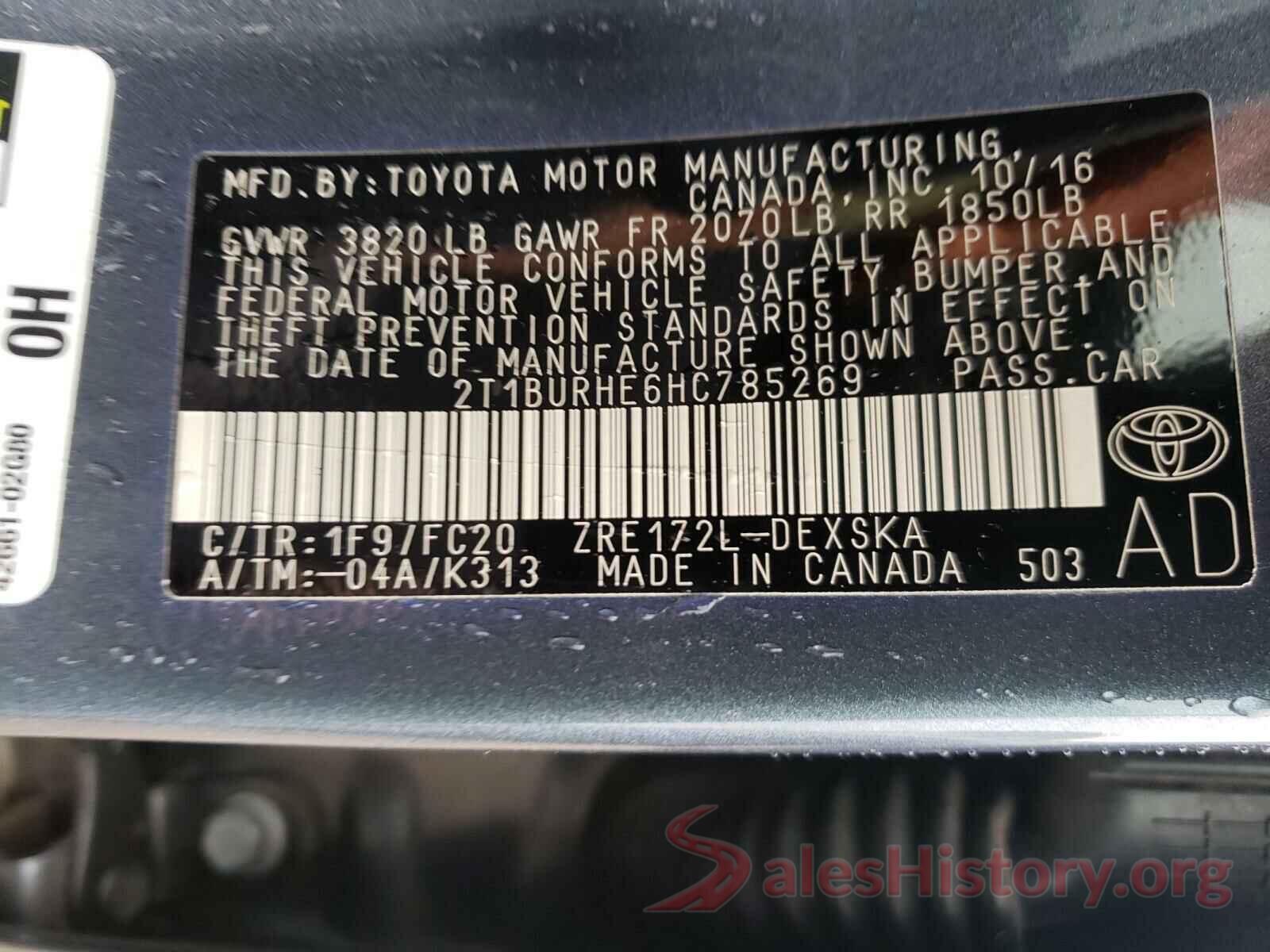 2T1BURHE6HC785269 2017 TOYOTA COROLLA