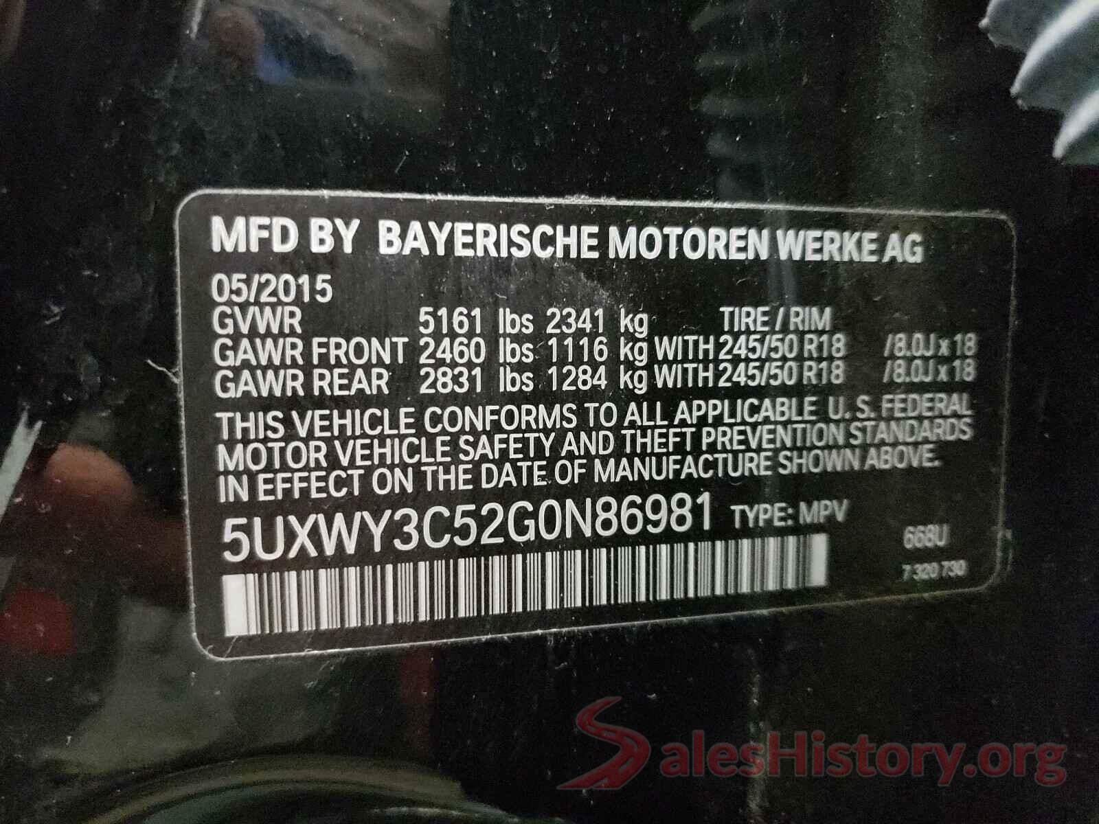 5UXWY3C52G0N86981 2016 BMW X3