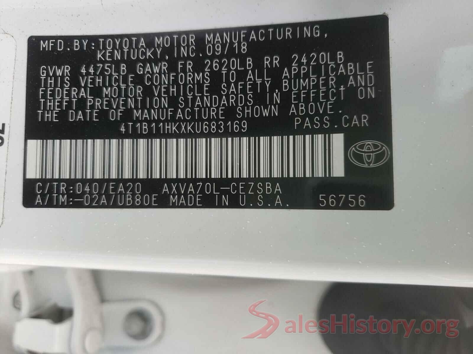 4T1B11HKXKU683169 2019 TOYOTA CAMRY