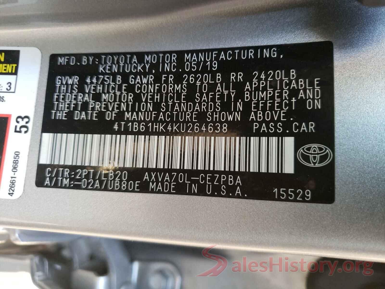 4T1B61HK4KU264638 2019 TOYOTA CAMRY