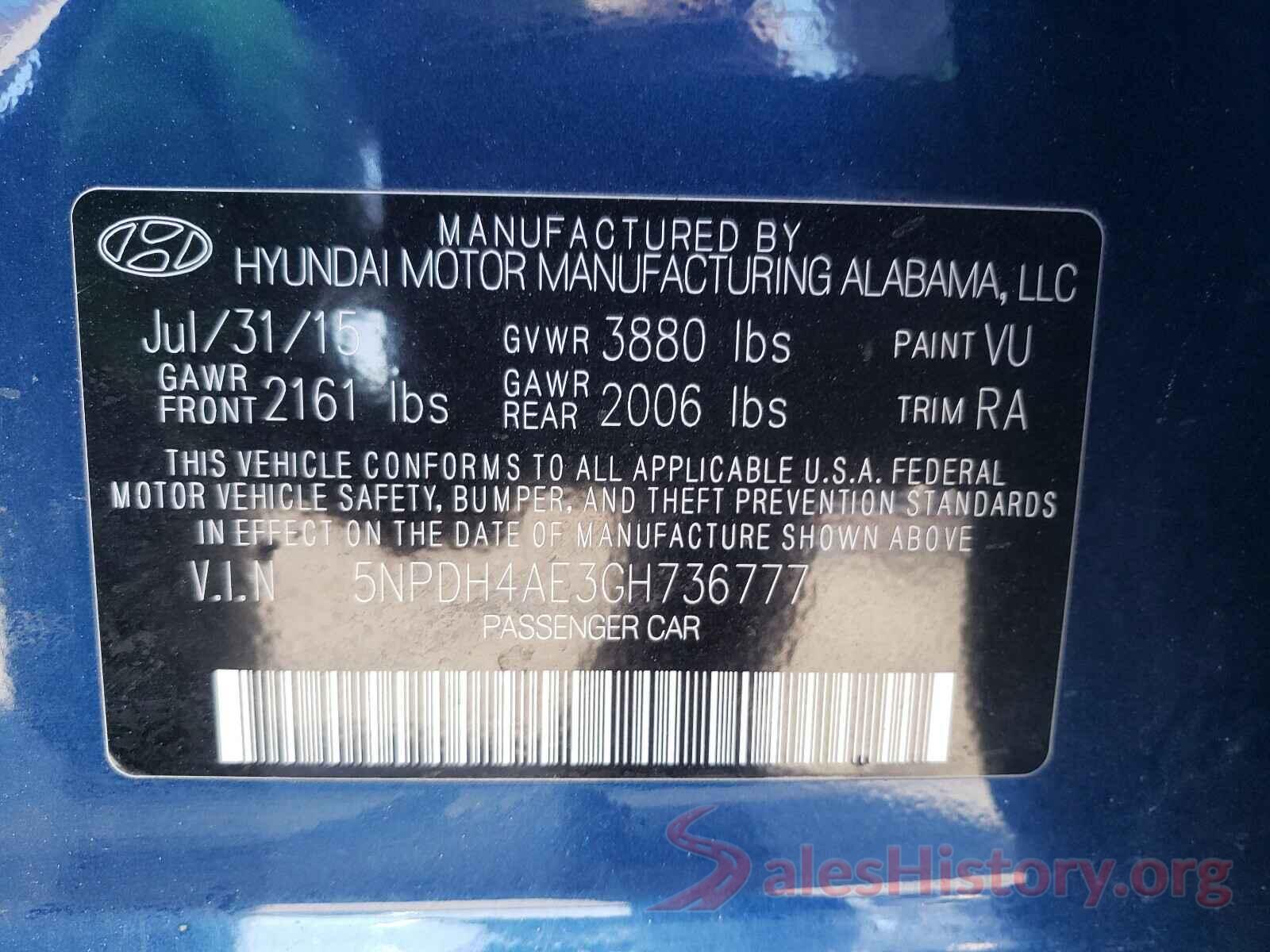 5NPDH4AE3GH736777 2016 HYUNDAI ELANTRA