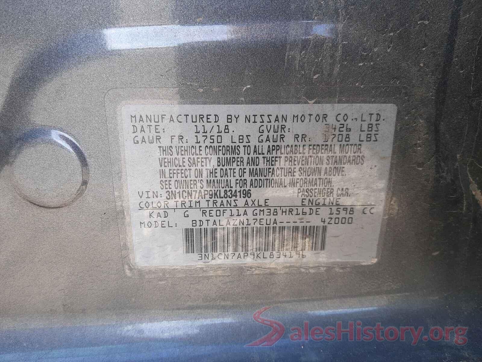 3N1CN7AP9KL834196 2019 NISSAN VERSA