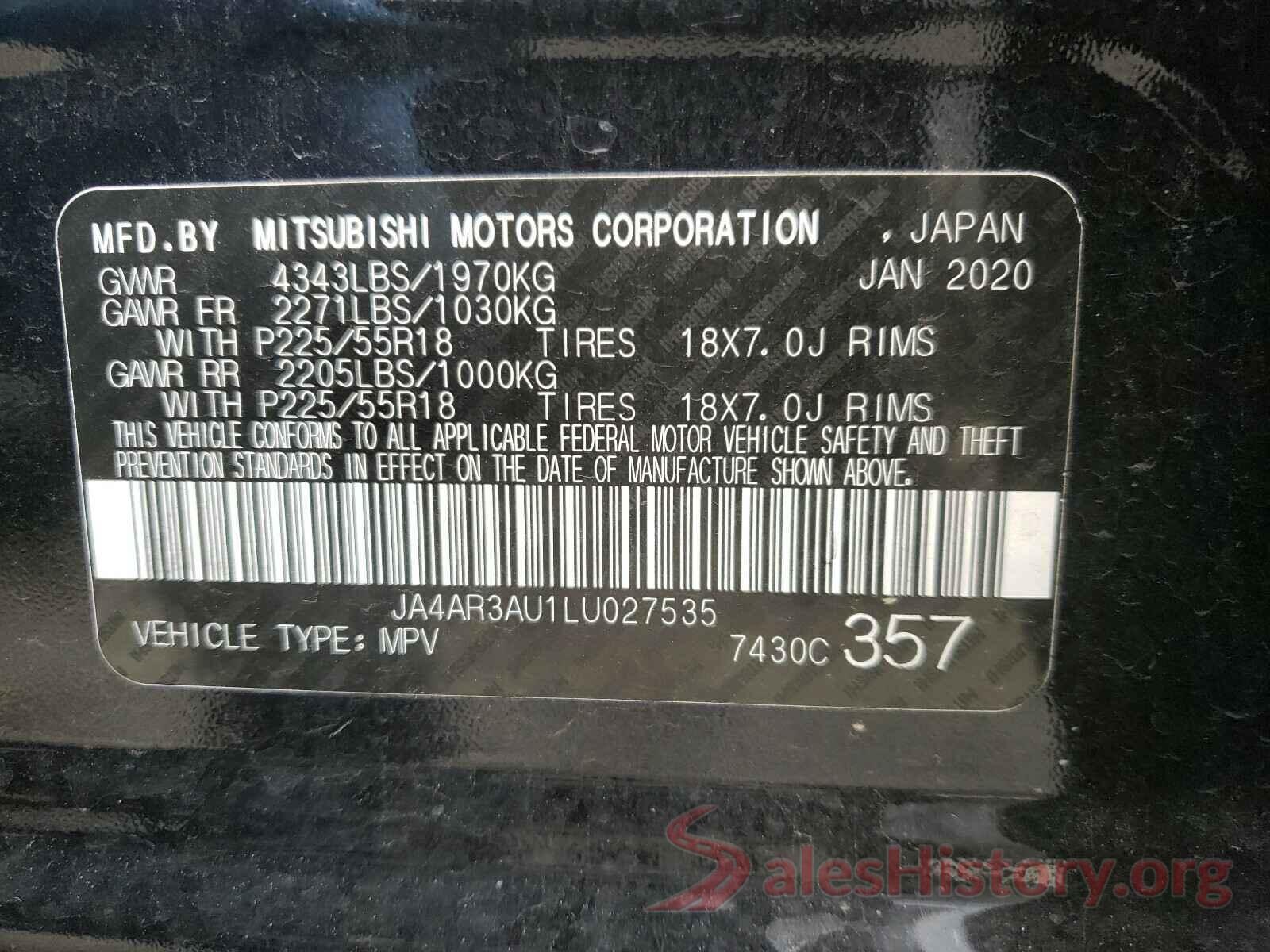 JA4AR3AU1LU027535 2020 MITSUBISHI OUTLANDER