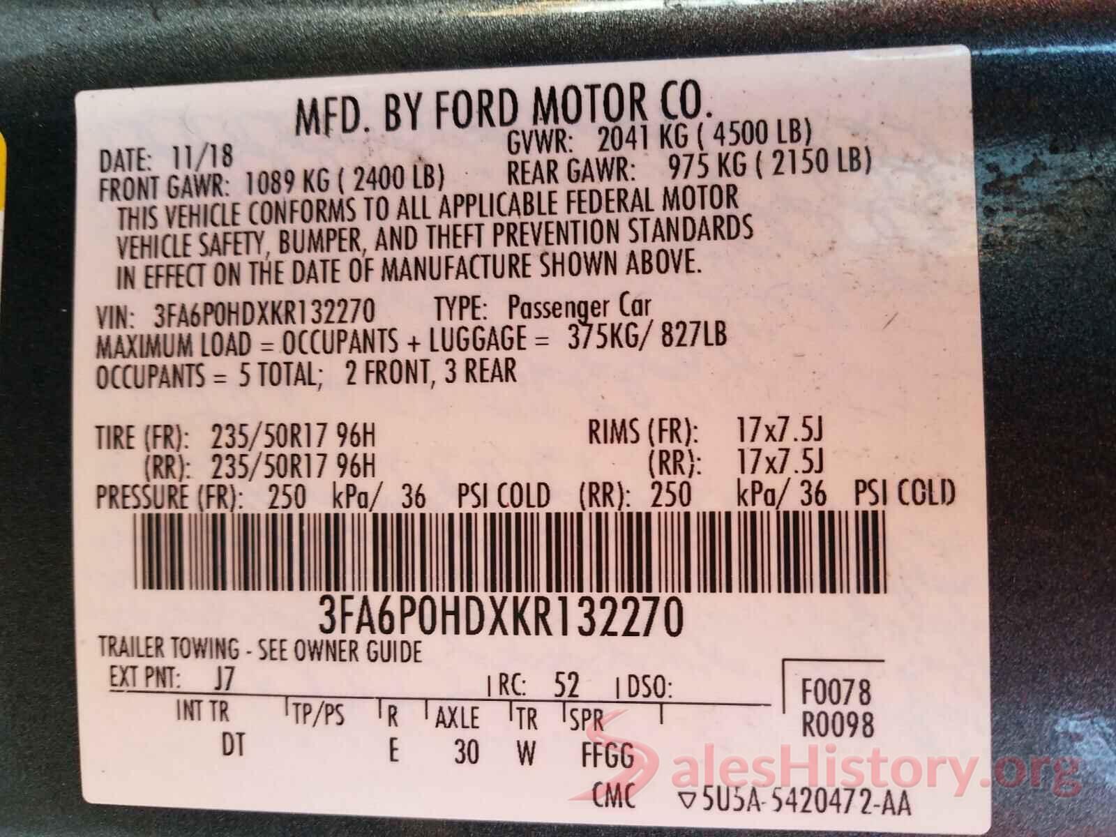 3FA6P0HDXKR132270 2019 FORD FUSION