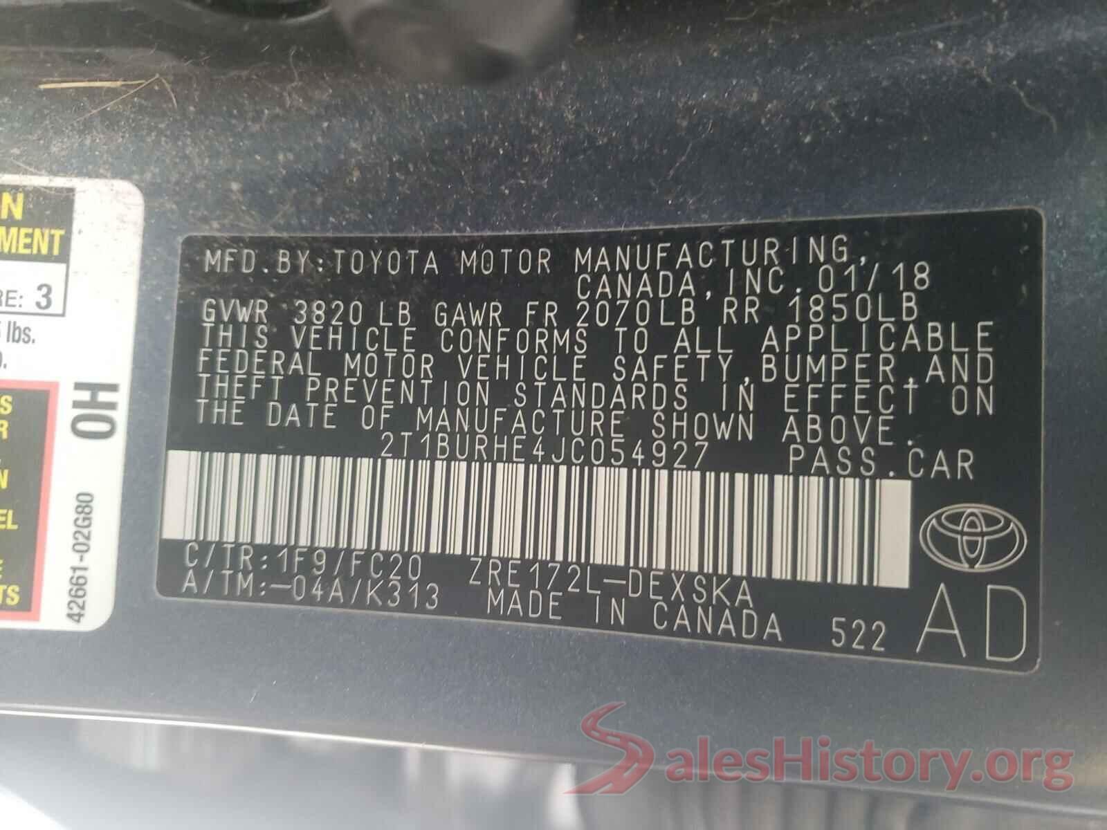 2T1BURHE4JC054927 2018 TOYOTA COROLLA