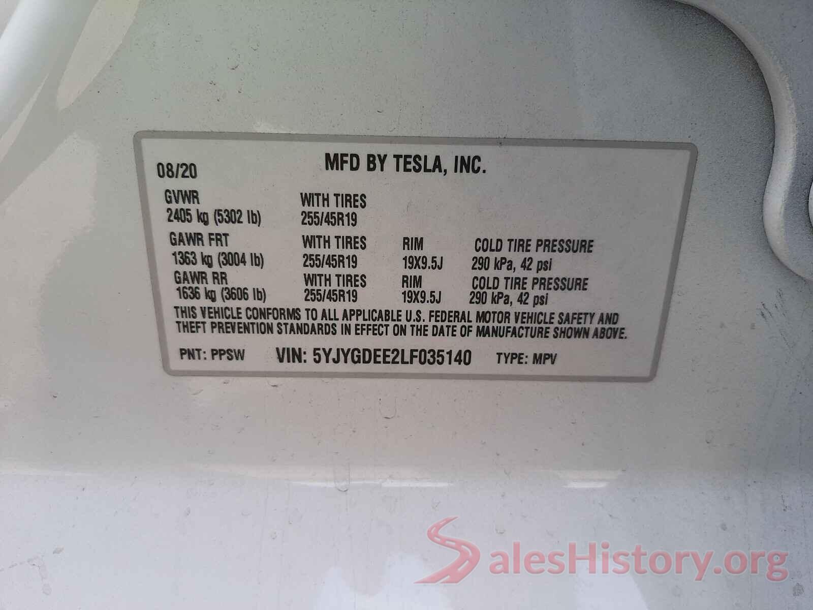 5YJYGDEE2LF035140 2020 TESLA MODEL Y