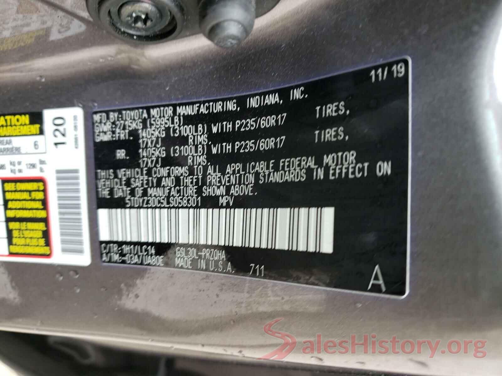 5TDYZ3DC5LS058301 2020 TOYOTA SIENNA