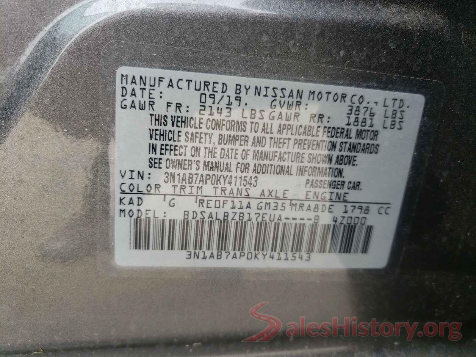 3N1AB7AP0KY411543 2019 NISSAN SENTRA