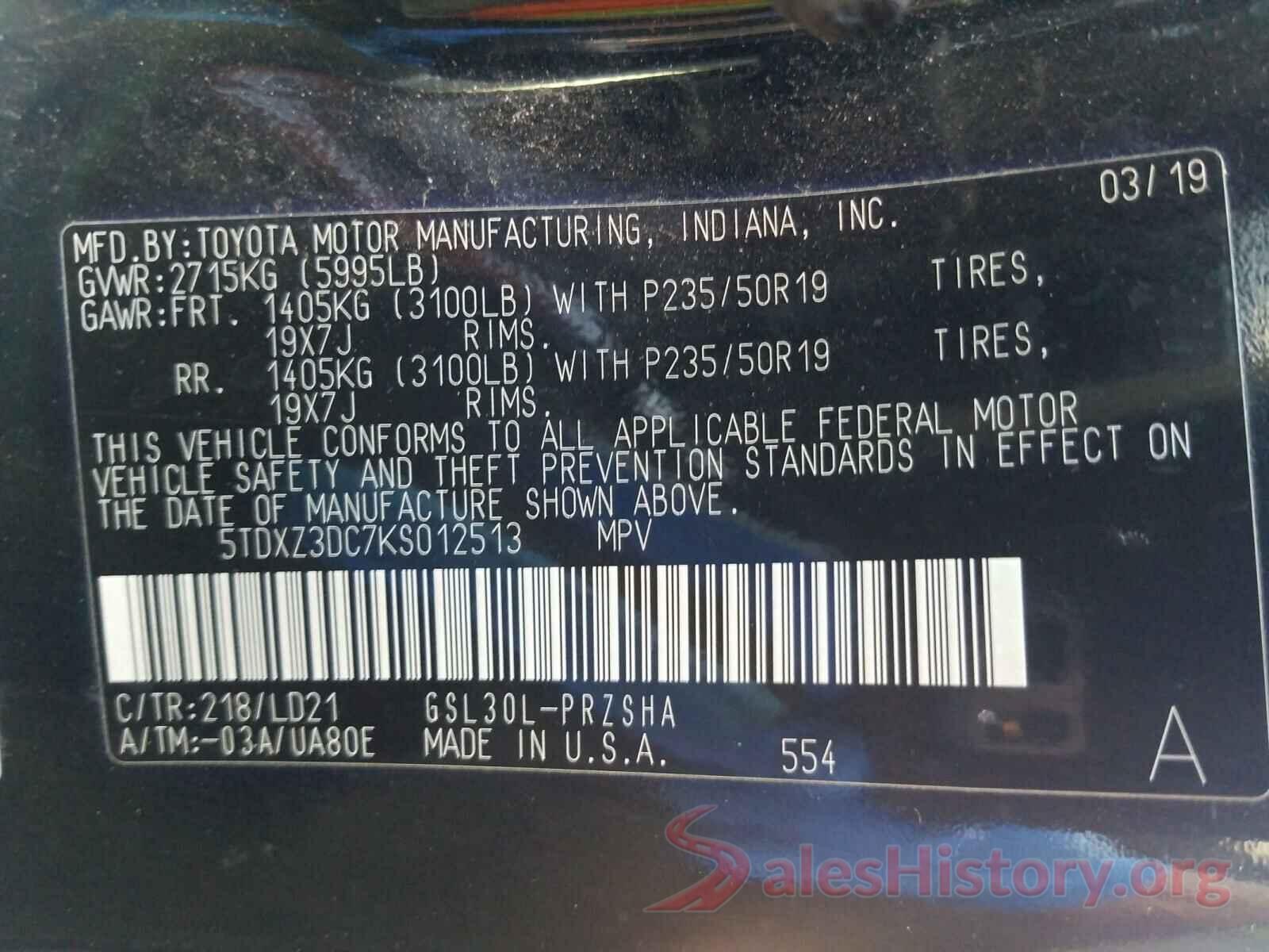 5TDXZ3DC7KS012513 2019 TOYOTA SIENNA