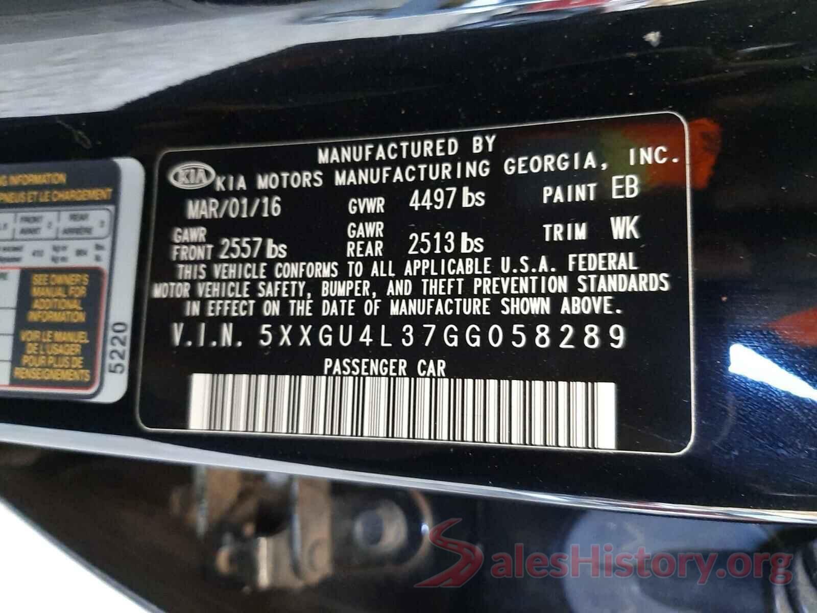 5XXGU4L37GG058289 2016 KIA OPTIMA