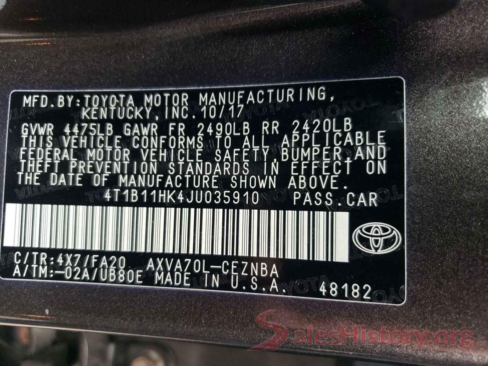 4T1B11HK4JU035910 2018 TOYOTA CAMRY