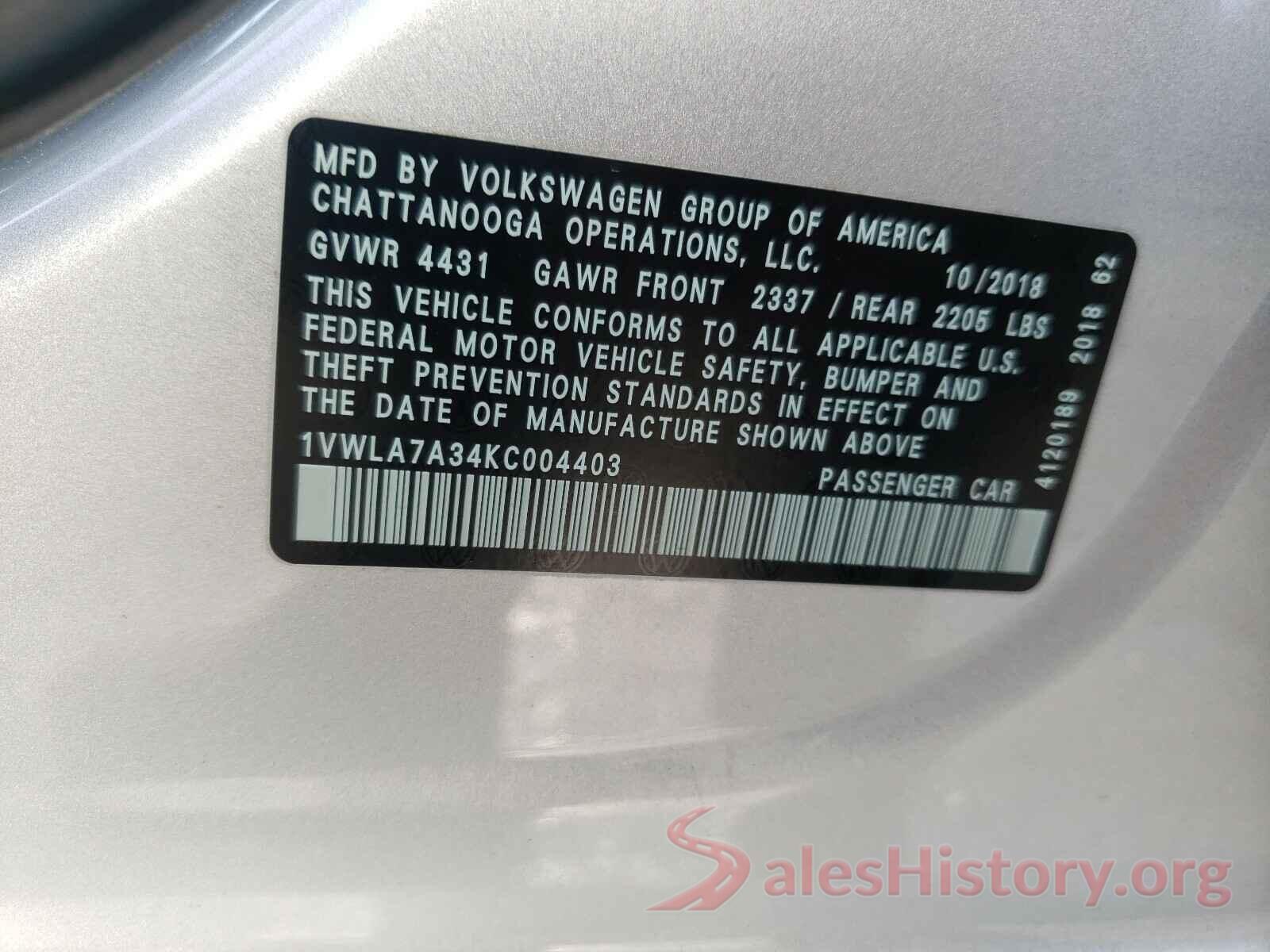 1VWLA7A34KC004403 2019 VOLKSWAGEN PASSAT