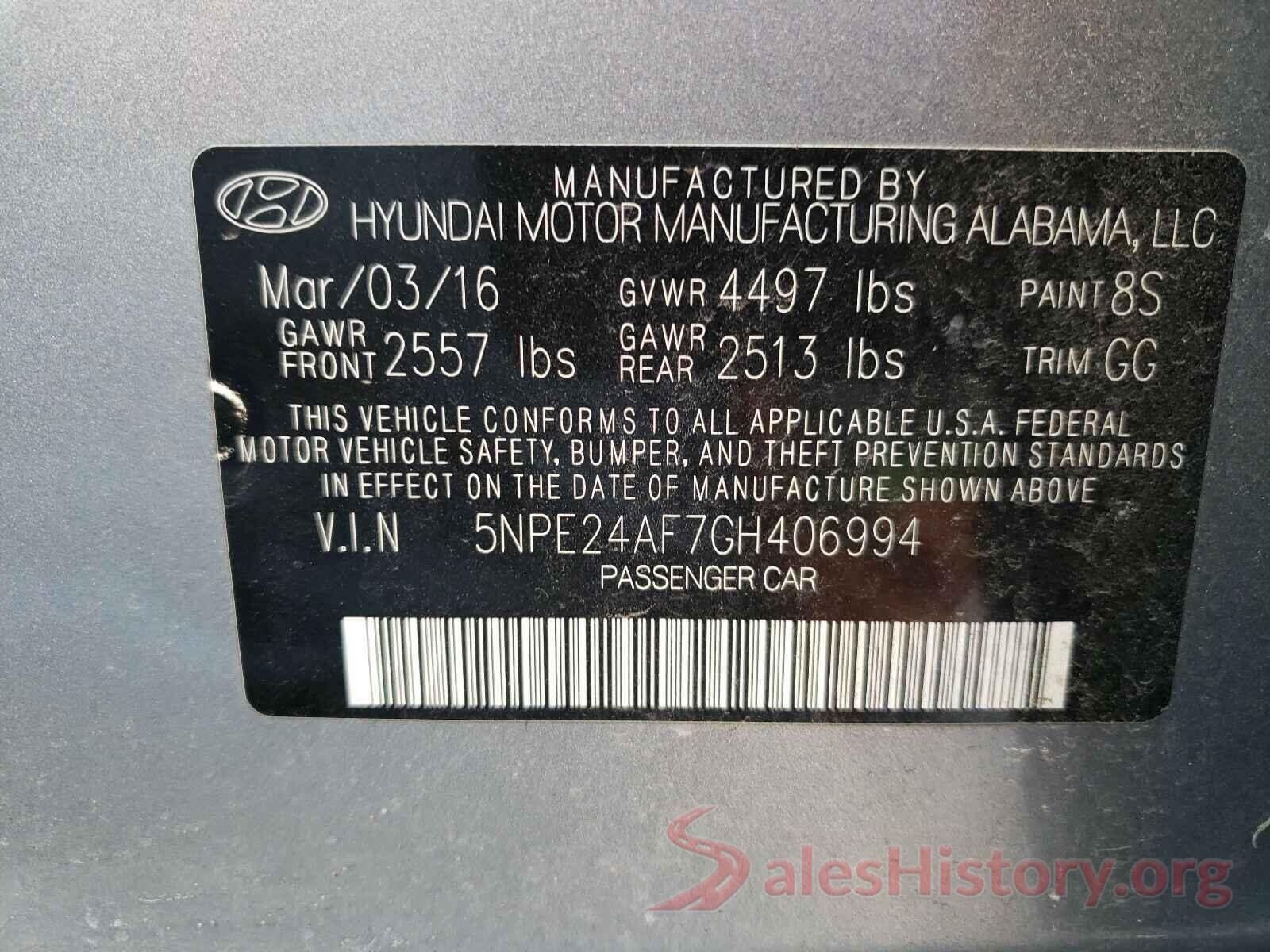 5NPE24AF7GH406994 2016 HYUNDAI SONATA