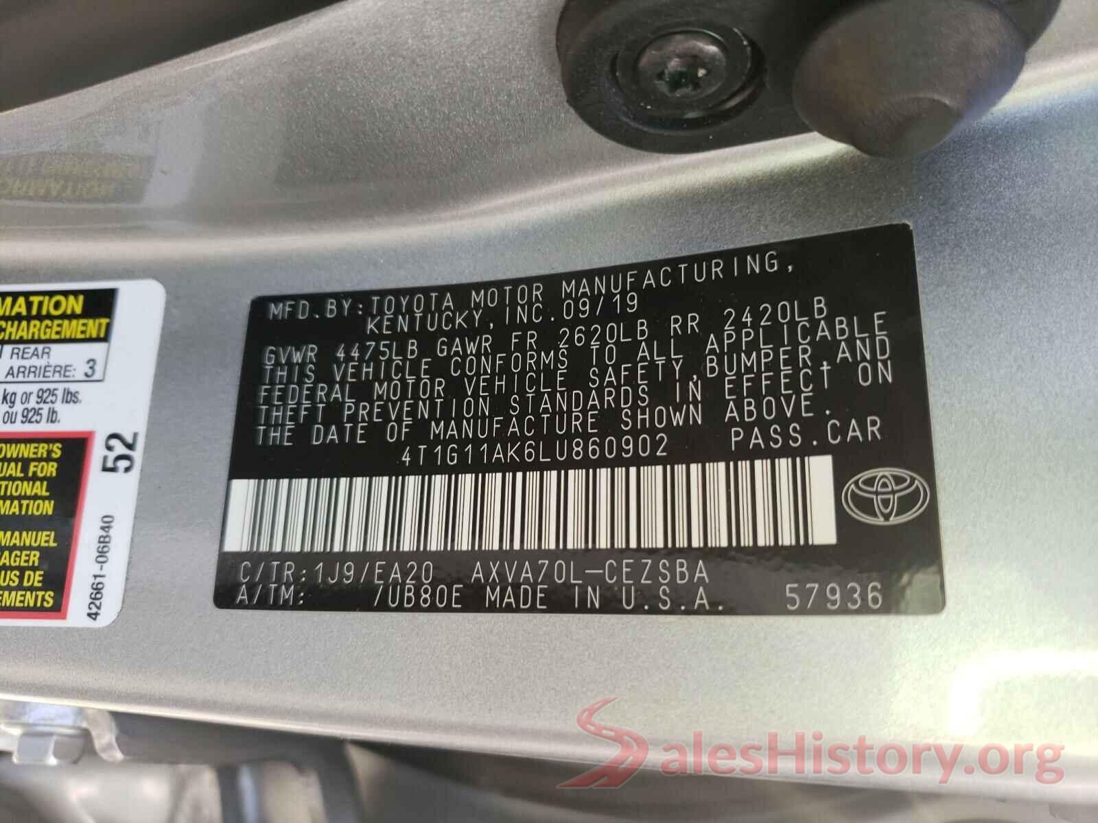 4T1G11AK6LU860902 2020 TOYOTA CAMRY