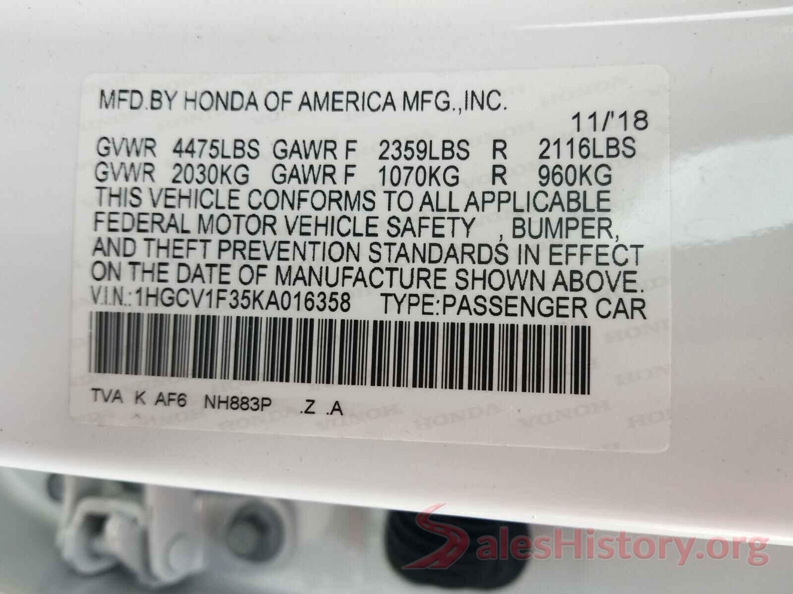 1HGCV1F35KA016358 2019 HONDA ACCORD