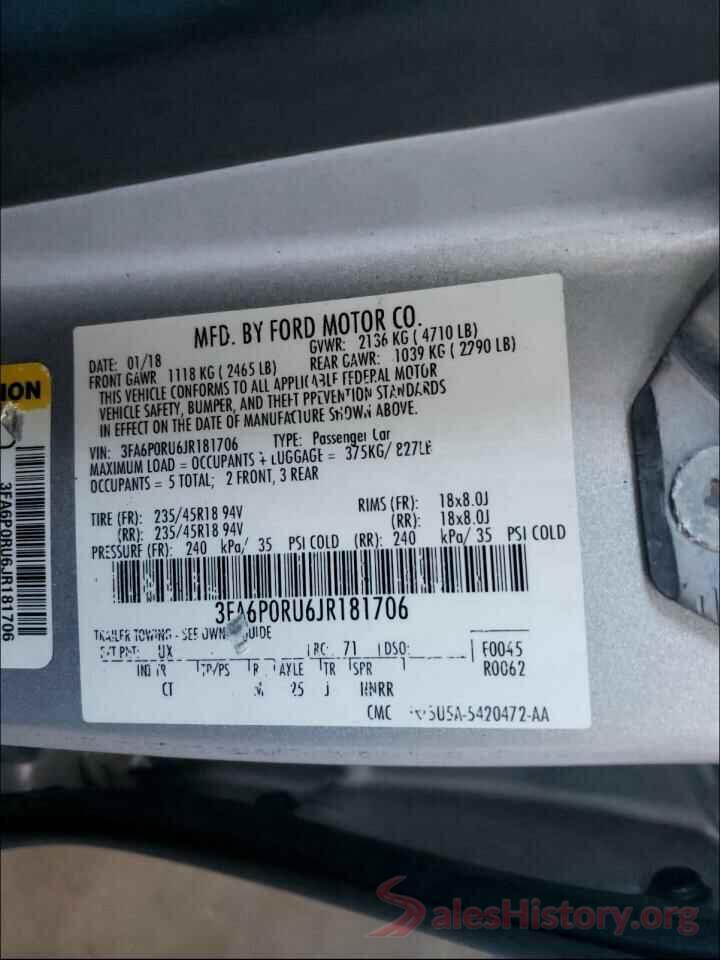 3FA6P0RU6JR181706 2018 FORD FUSION