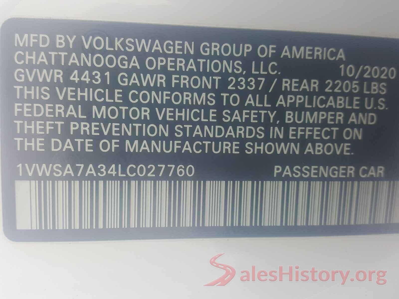 1VWSA7A34LC027760 2020 VOLKSWAGEN PASSAT