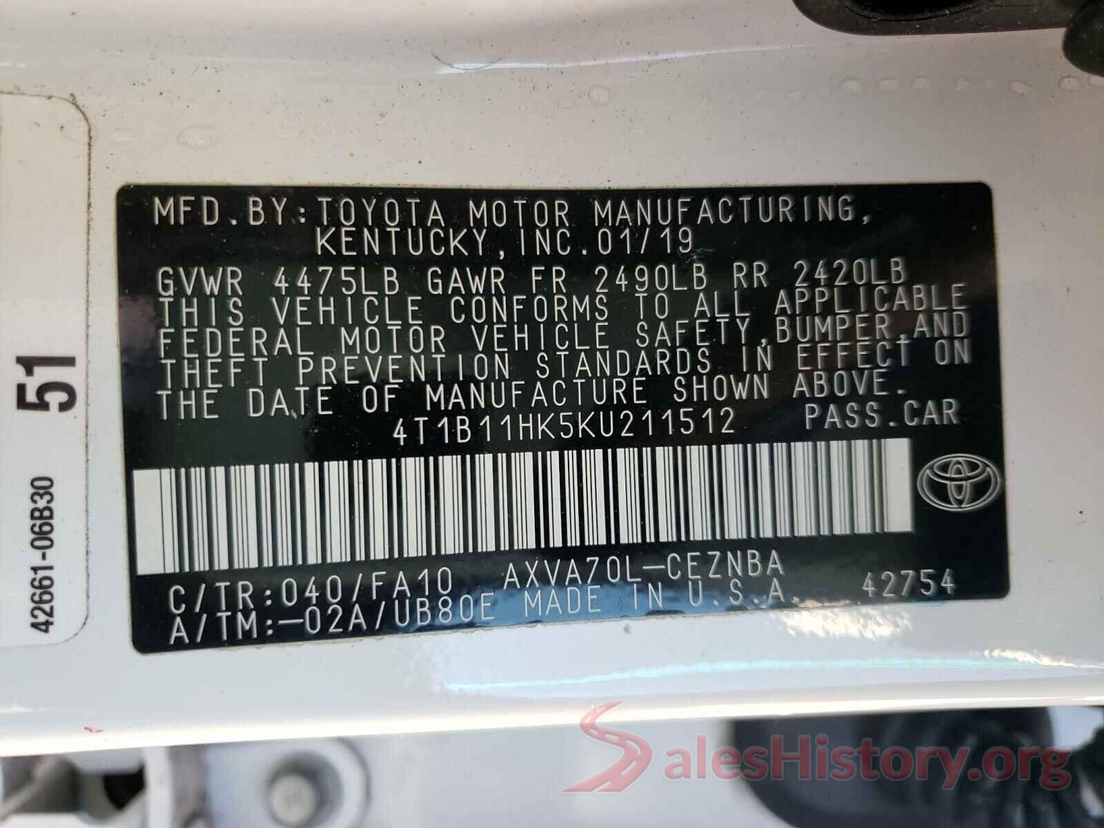 4T1B11HK5KU211512 2019 TOYOTA CAMRY