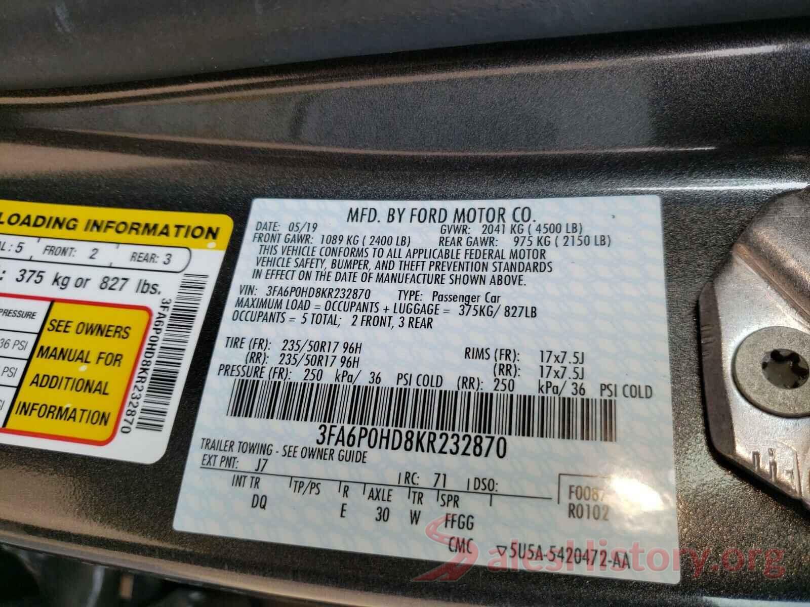 3FA6P0HD8KR232870 2019 FORD FUSION