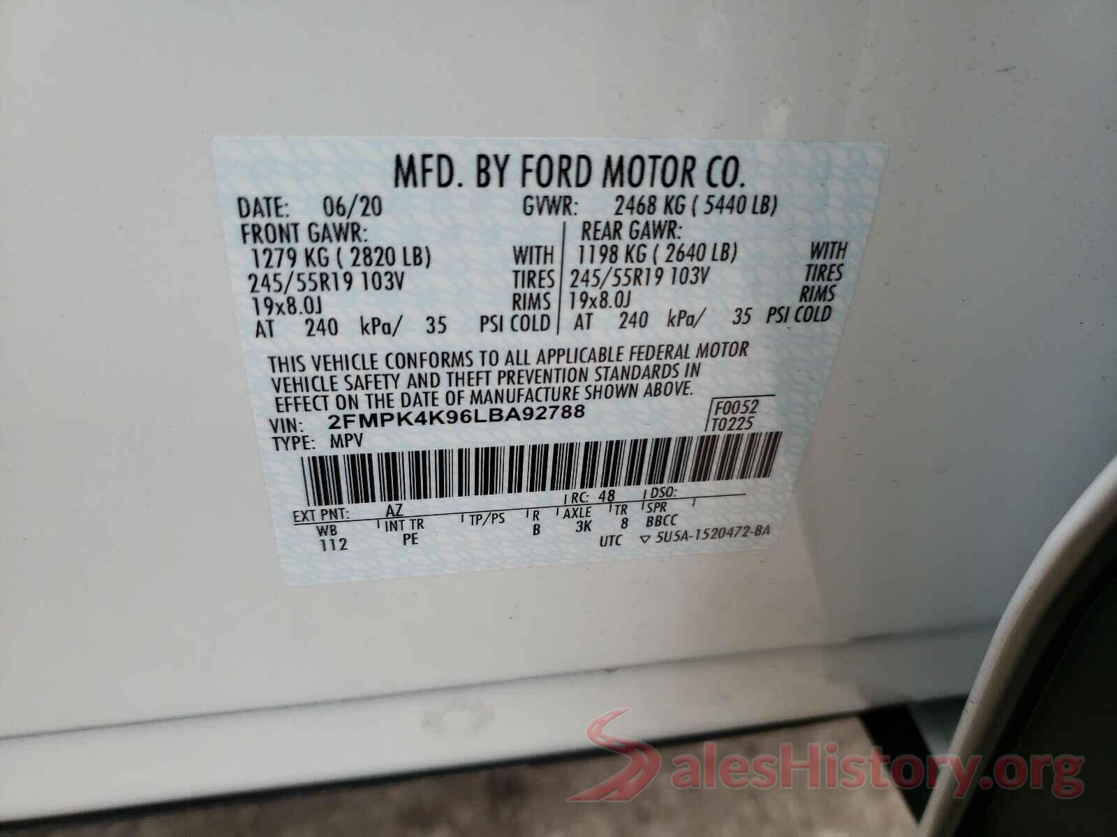 2FMPK4K96LBA92788 2020 FORD EDGE